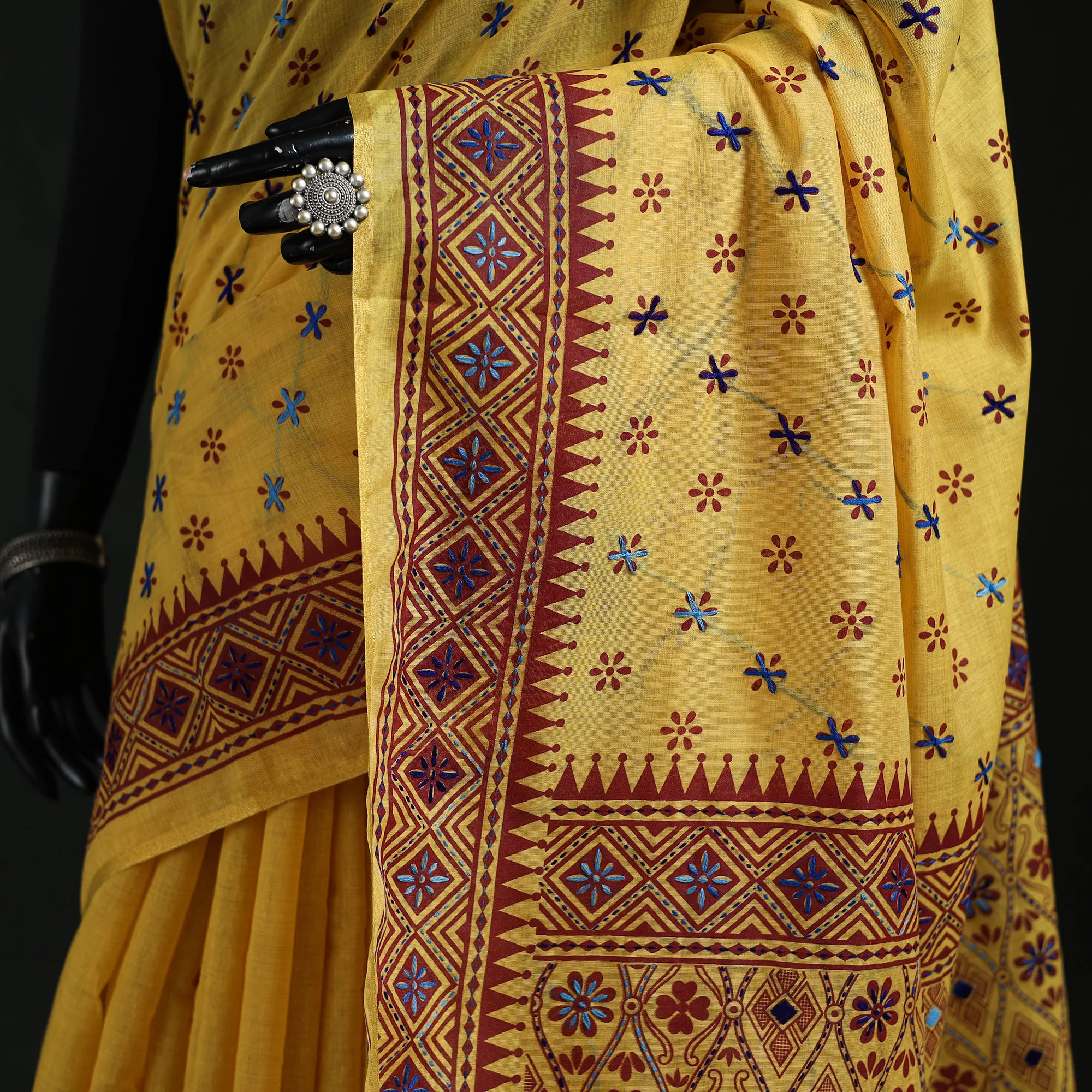 Yellow - Bengal Kantha Hand Embroidery Silk Cotton Chapa Work Saree 15 - Image 3