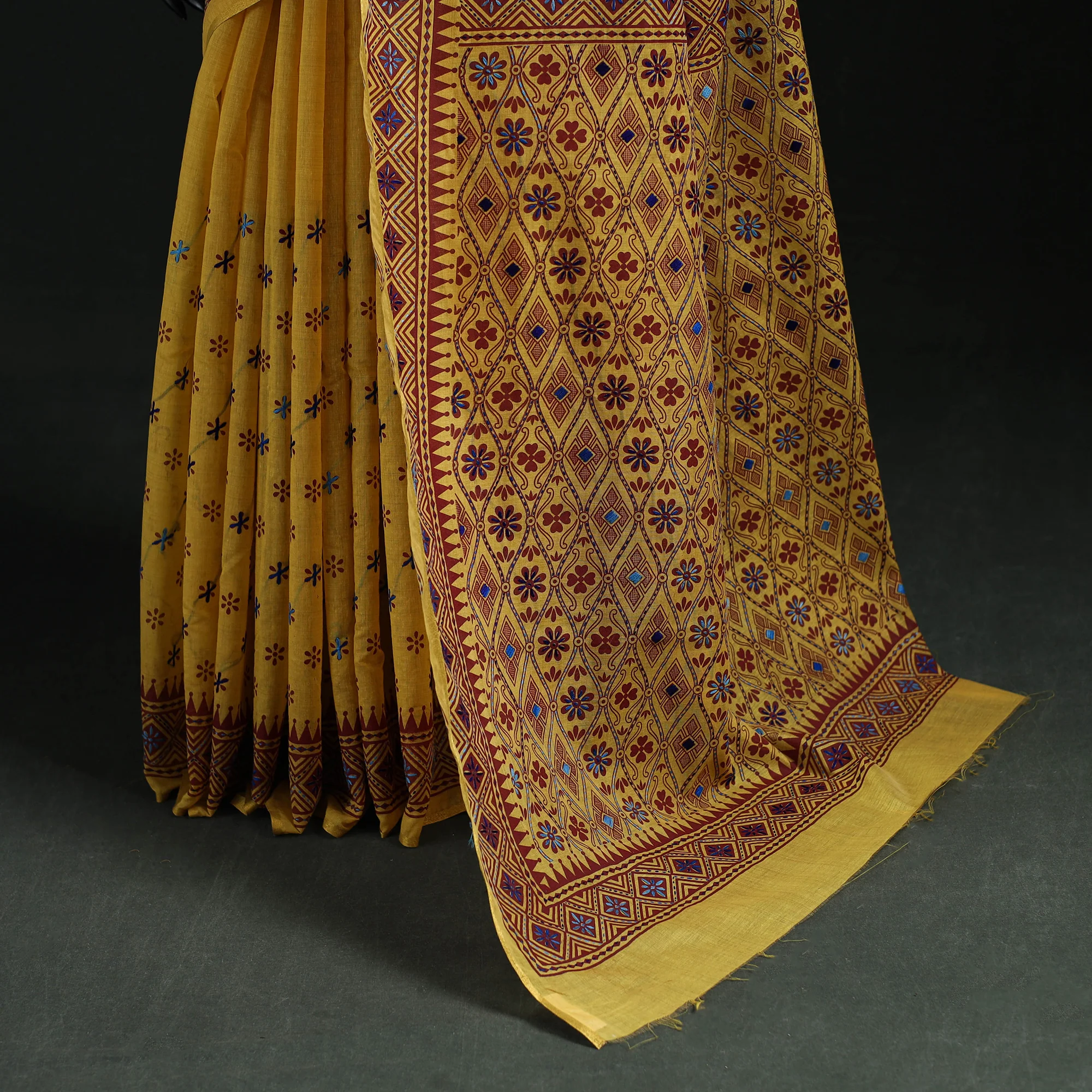 Yellow - Bengal Kantha Hand Embroidery Silk Cotton Chapa Work Saree 15 - Image 4
