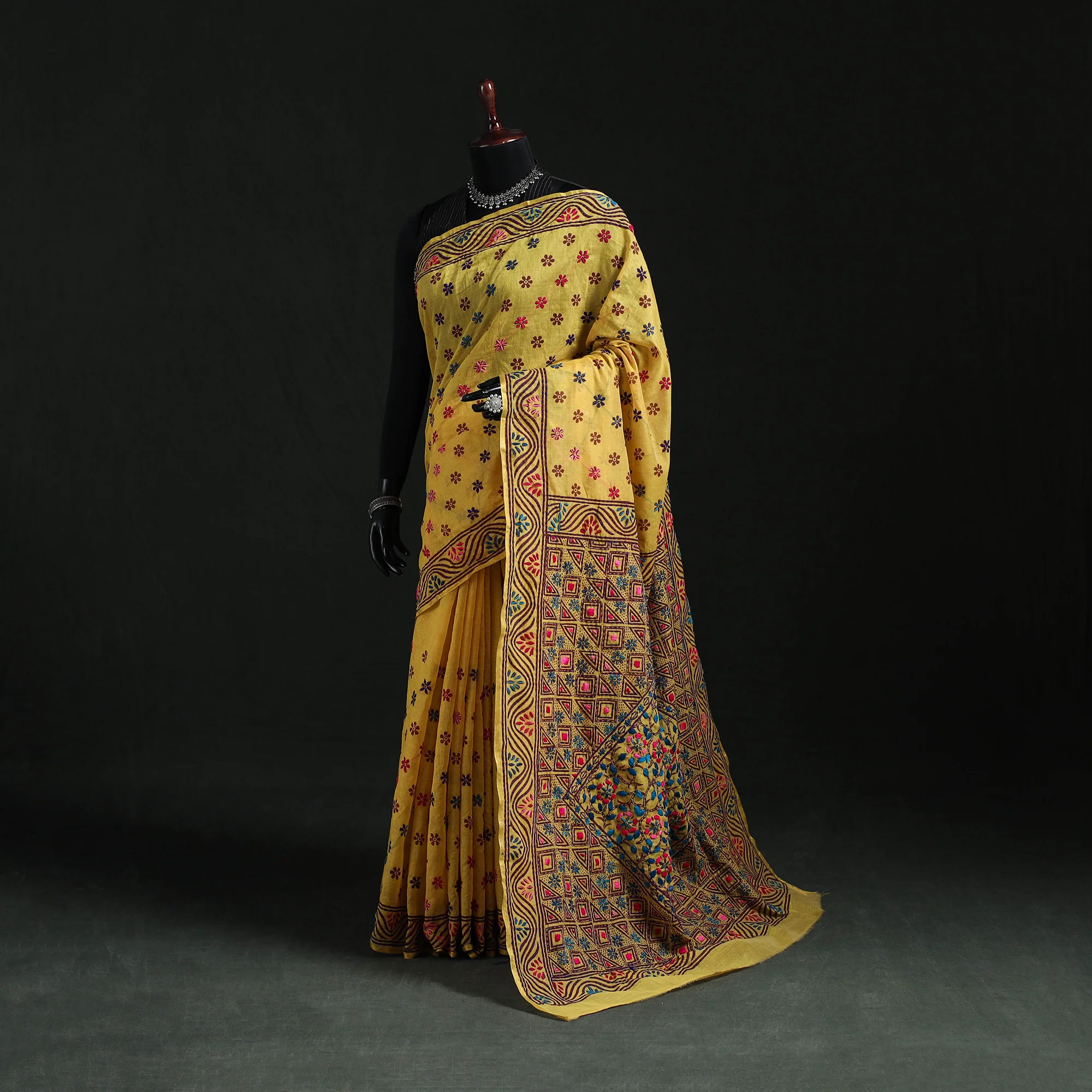 Yellow - Bengal Kantha Hand Embroidery Silk Cotton Chapa Work Saree 17