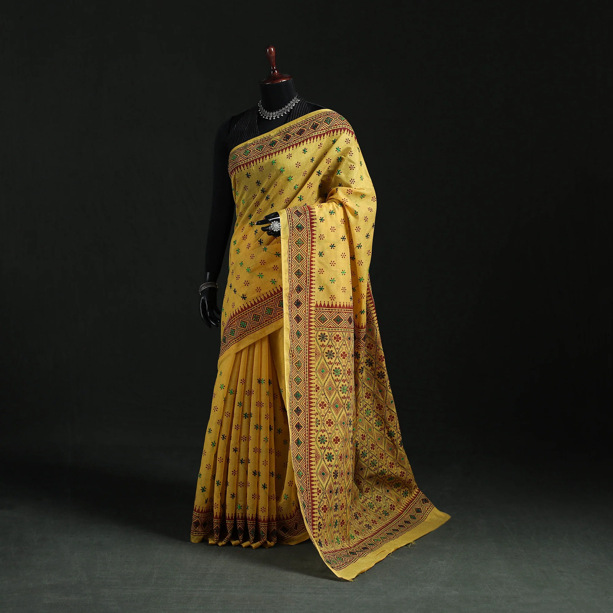 Yellow - Bengal Kantha Hand Embroidery Silk Cotton Chapa Work Saree 19