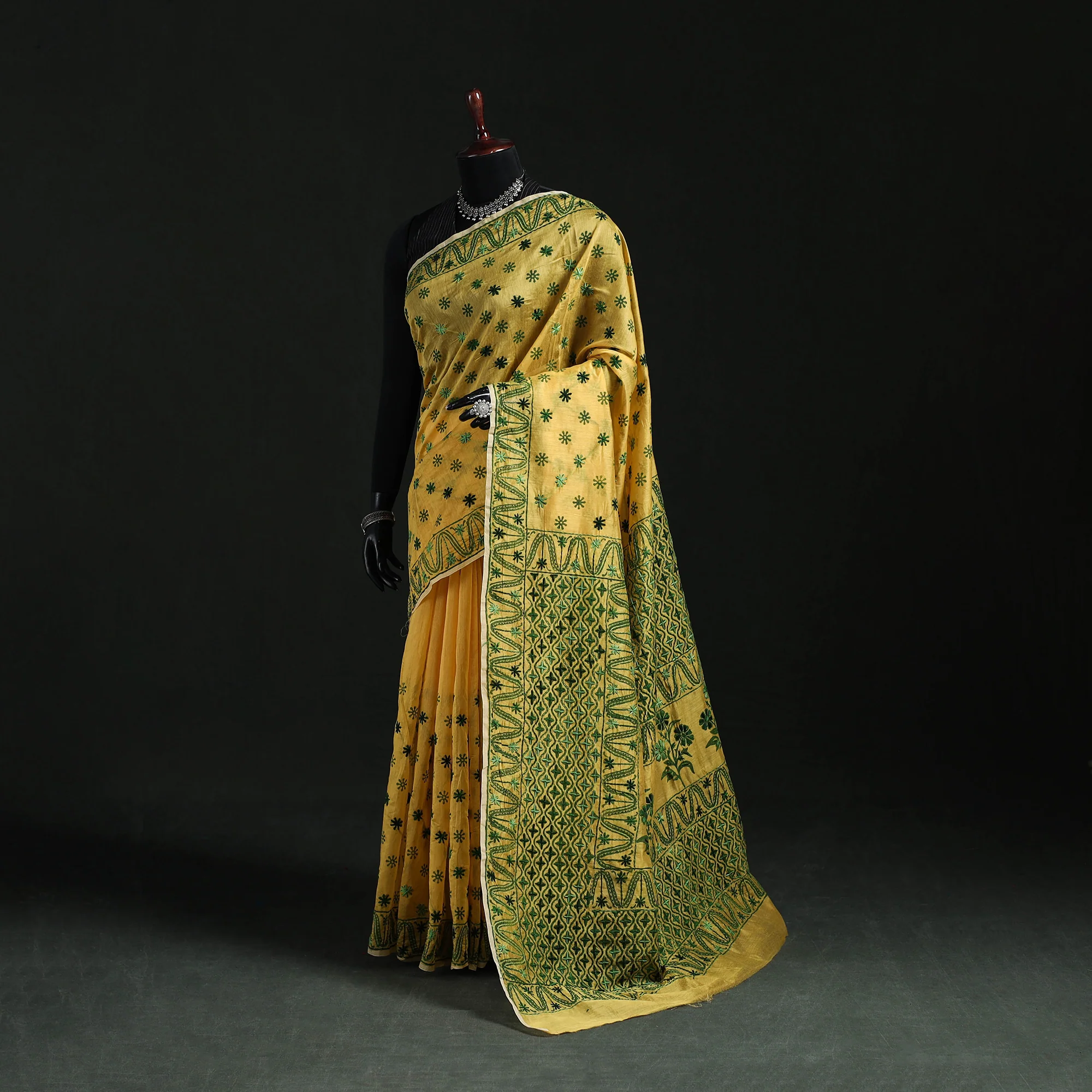 Yellow - Bengal Kantha Hand Embroidery Silk Cotton Chapa Work Saree 27