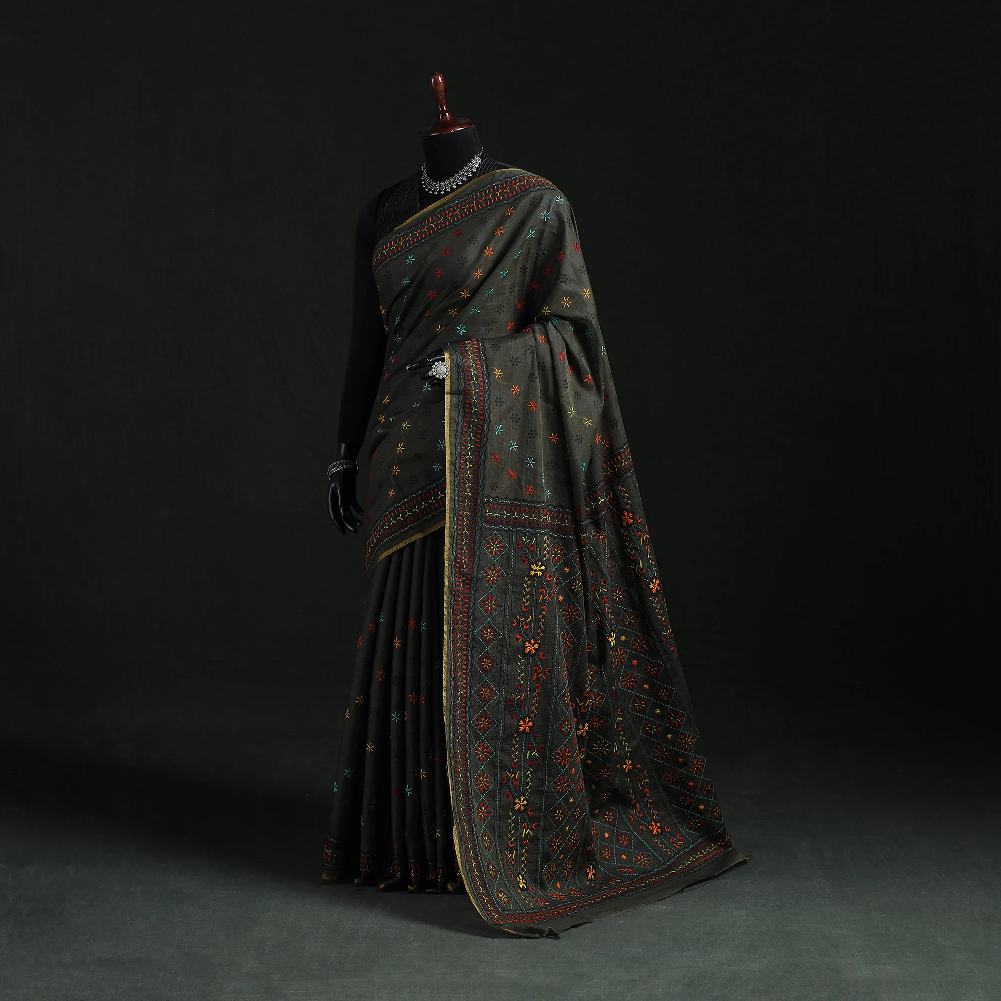 Black - Bengal Kantha Hand Embroidery Silk Cotton Chapa Work Saree 28