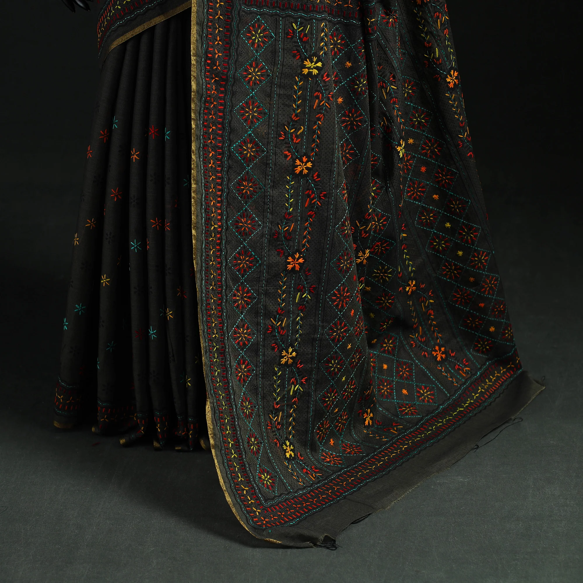 Black - Bengal Kantha Hand Embroidery Silk Cotton Chapa Work Saree 28 - Image 4