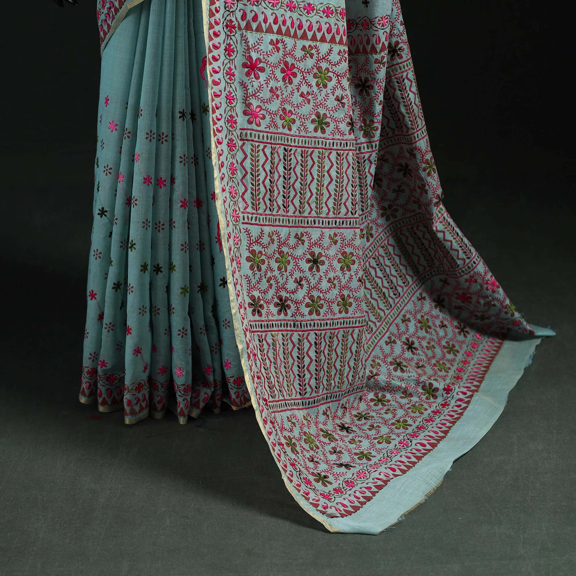 Blue - Bengal Kantha Hand Embroidery Silk Cotton Chapa Work Saree 29 - Image 4
