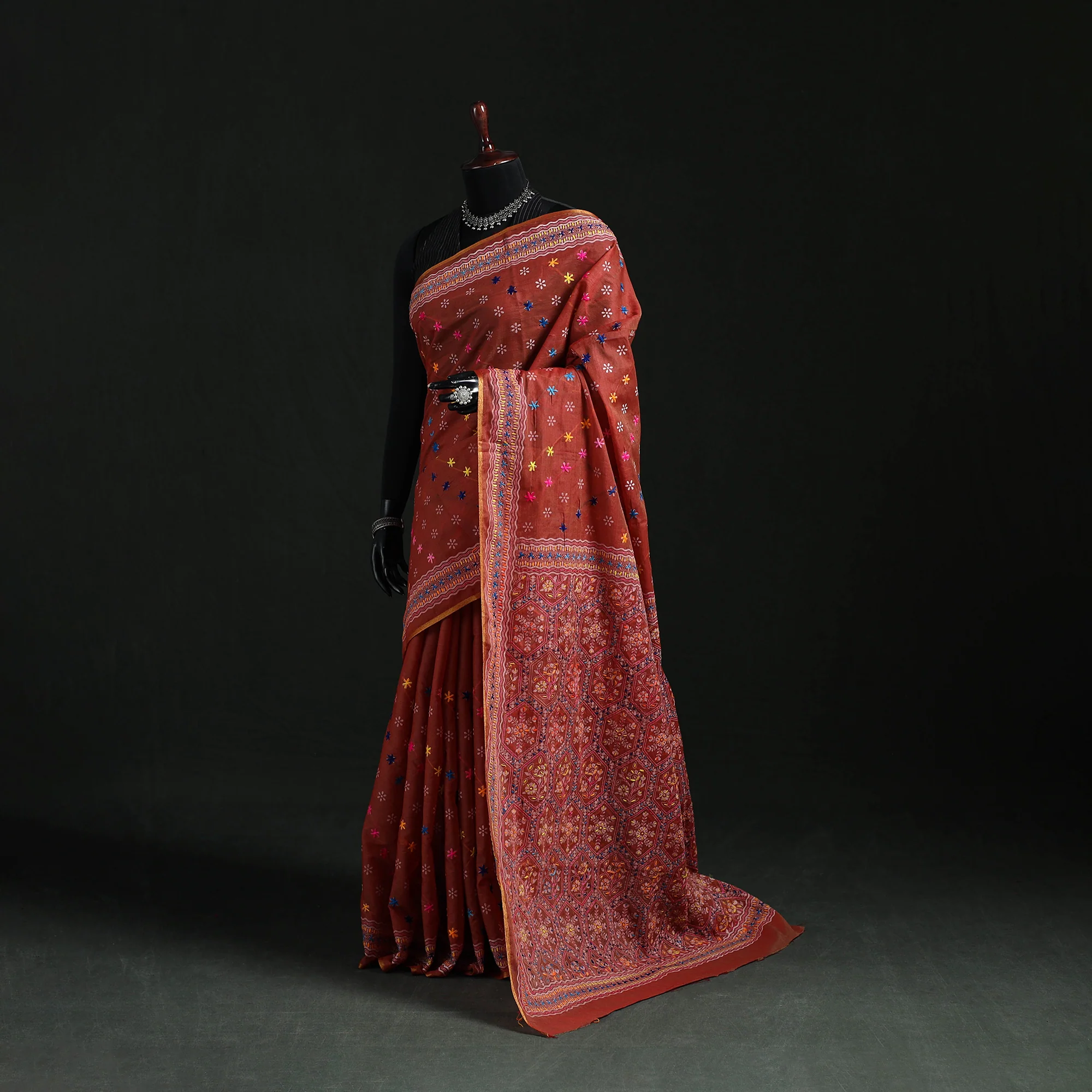 Red - Bengal Kantha Hand Embroidery Silk Cotton Chapa Work Saree 34