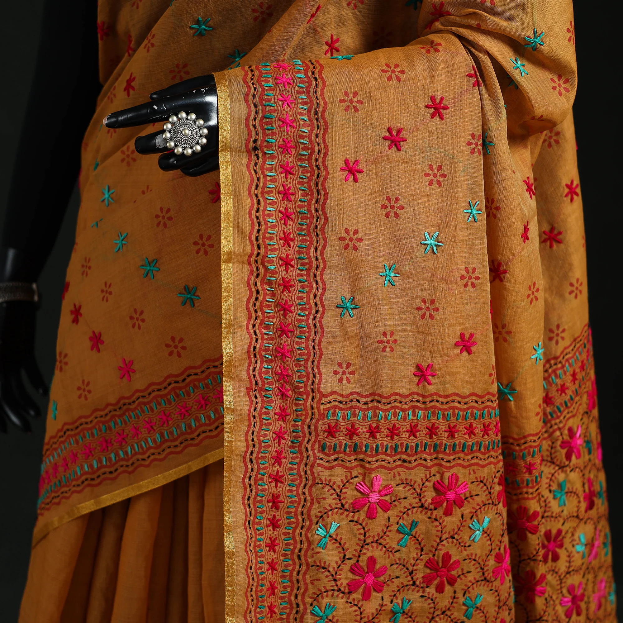 Brown - Bengal Kantha Hand Embroidery Silk Cotton Chapa Work Saree 36 - Image 3
