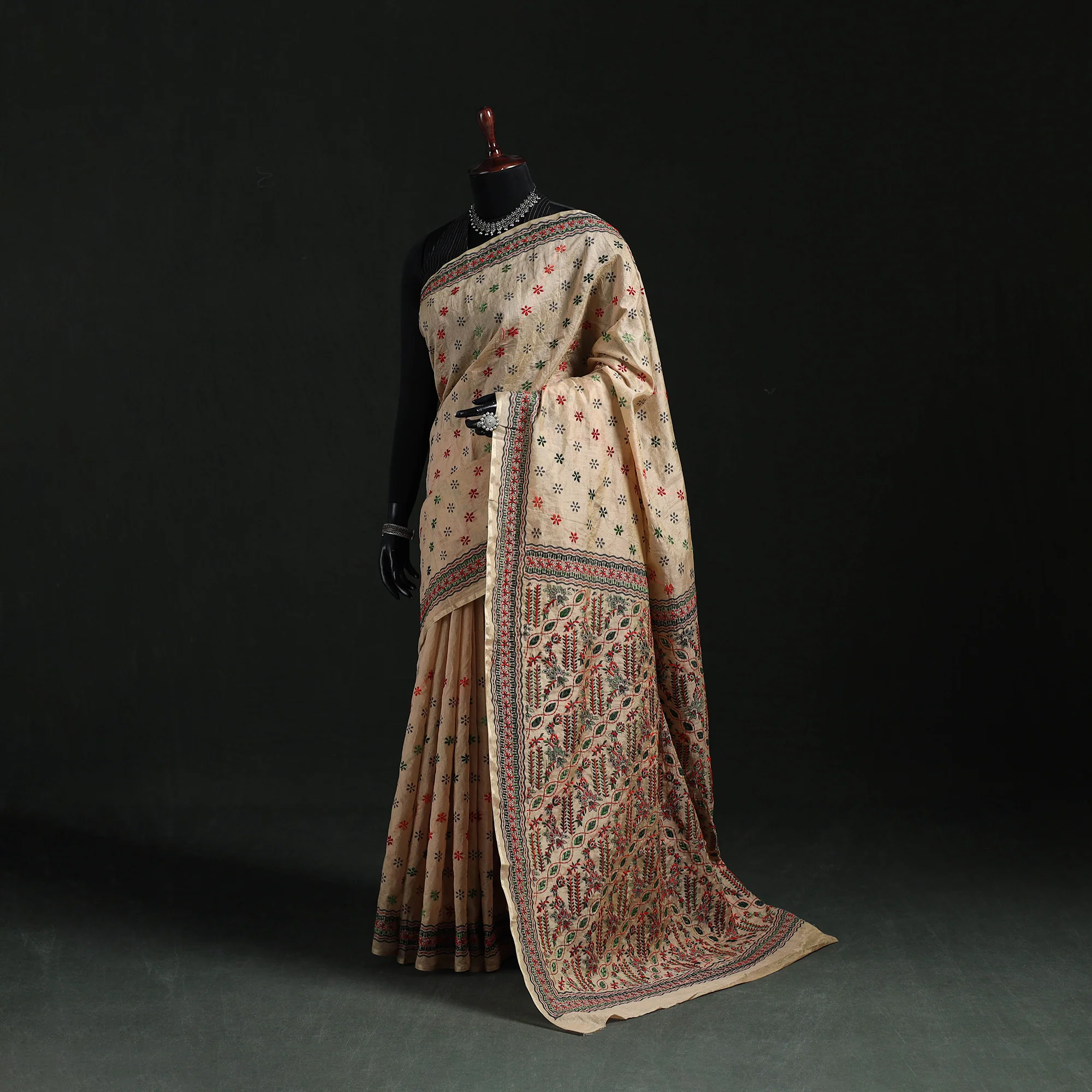 Beige - Bengal Kantha Hand Embroidery Silk Cotton Chapa Work Saree 39