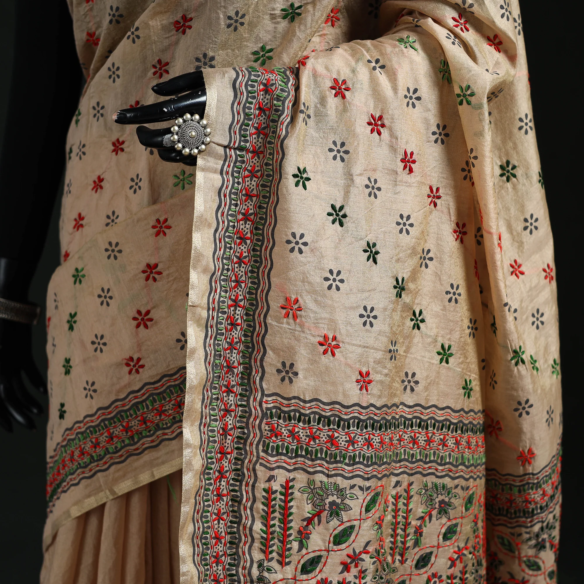 Beige - Bengal Kantha Hand Embroidery Silk Cotton Chapa Work Saree 39 - Image 3