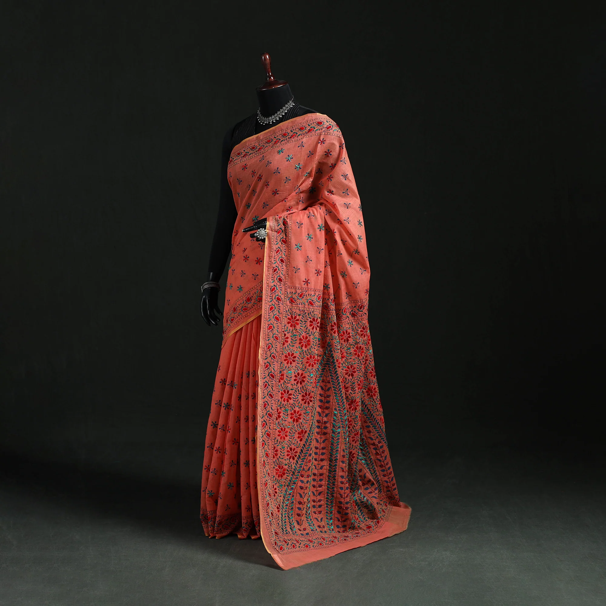 Peach - Bengal Kantha Hand Embroidery Silk Cotton Chapa Work Saree 42