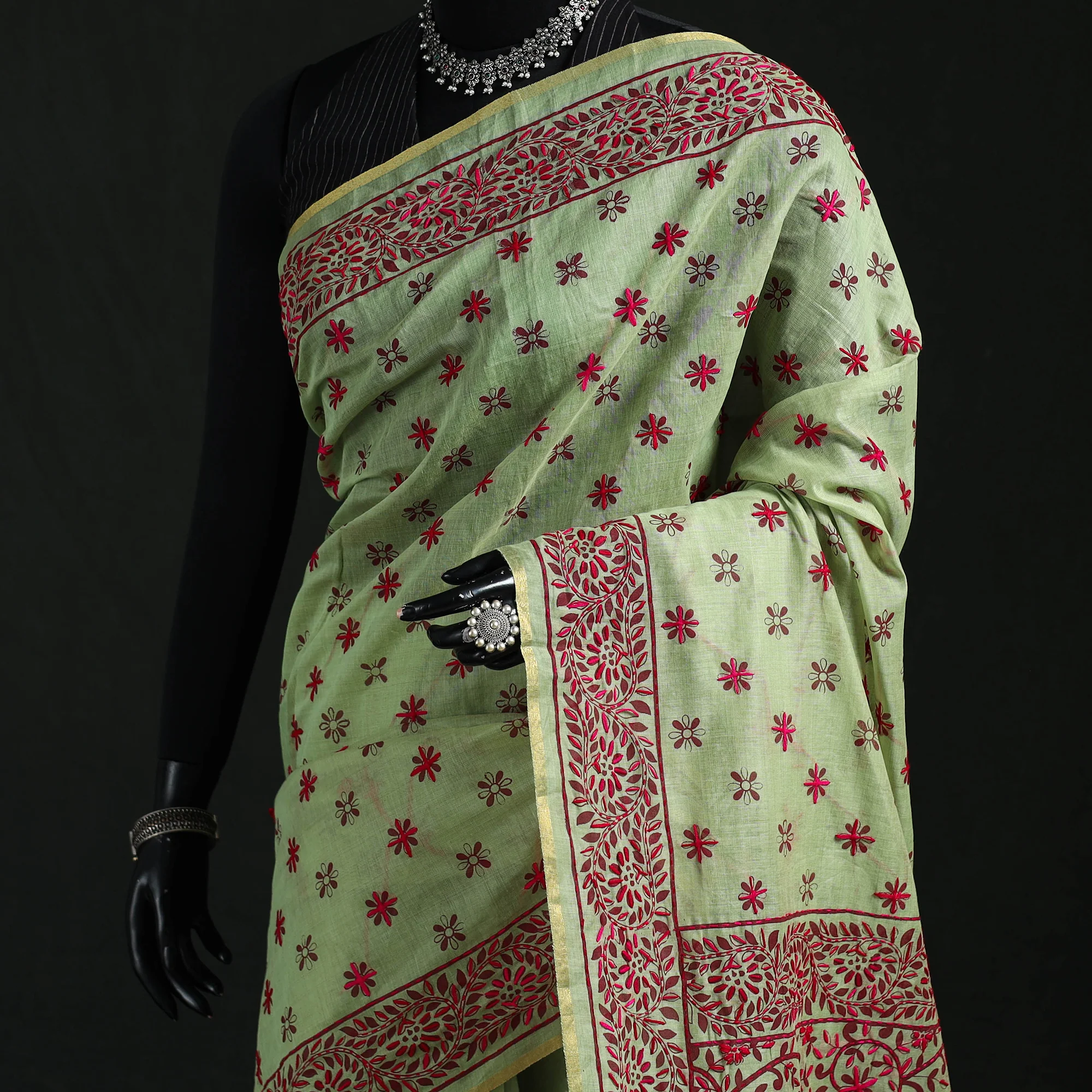 Green - Bengal Kantha Hand Embroidery Silk Cotton Chapa Work Saree 45 - Image 2