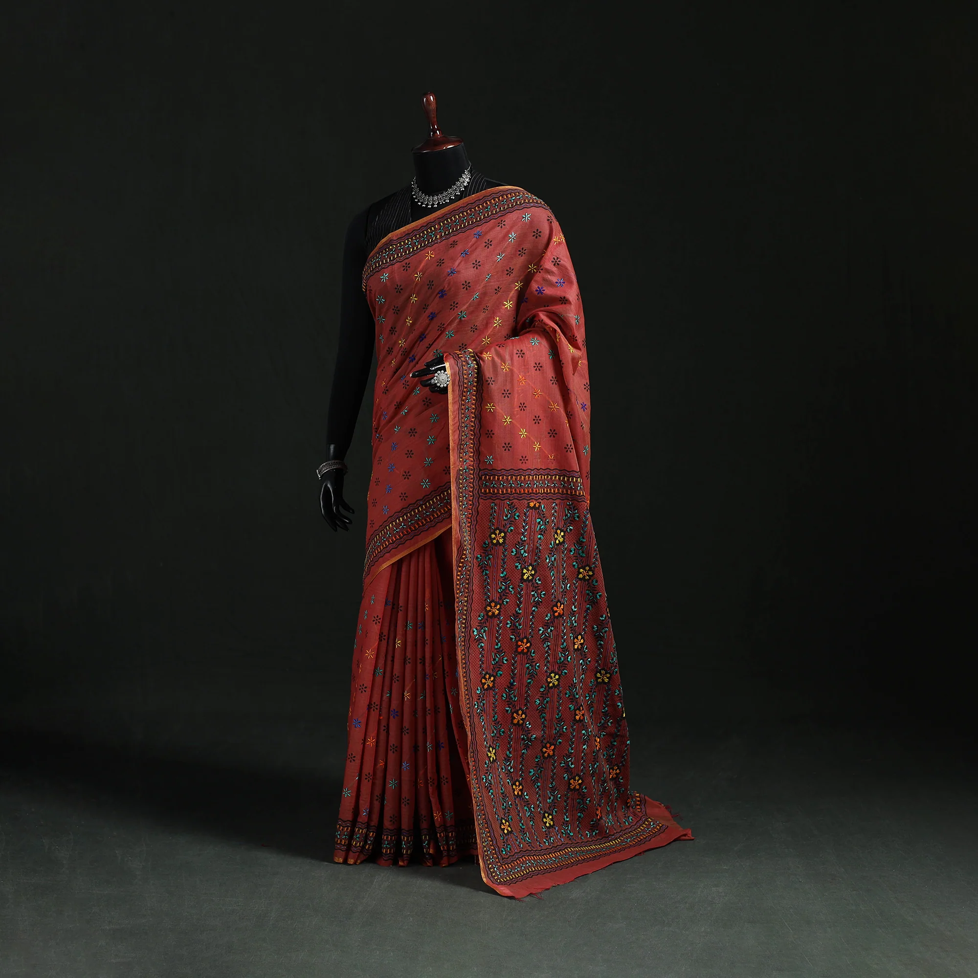 Maroon - Bengal Kantha Hand Embroidery Silk Cotton Chapa Work Saree 47