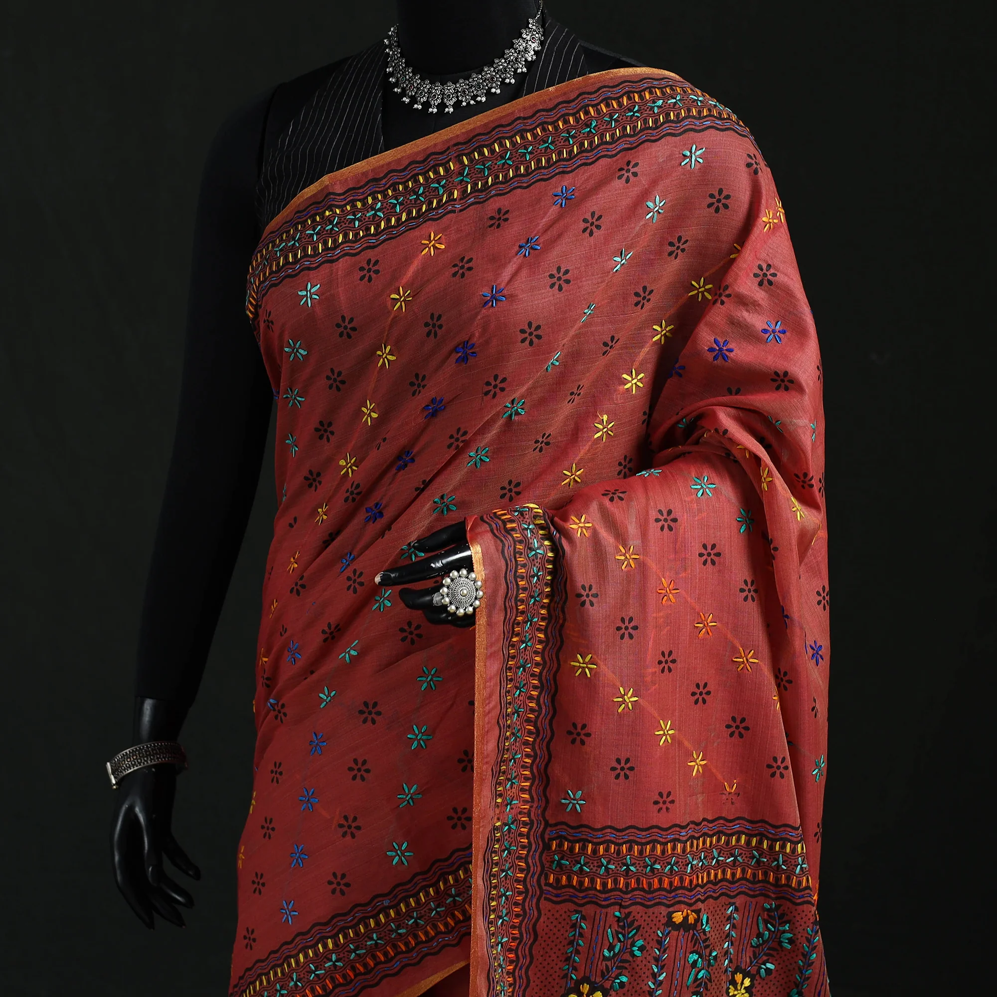 Maroon - Bengal Kantha Hand Embroidery Silk Cotton Chapa Work Saree 47 - Image 2