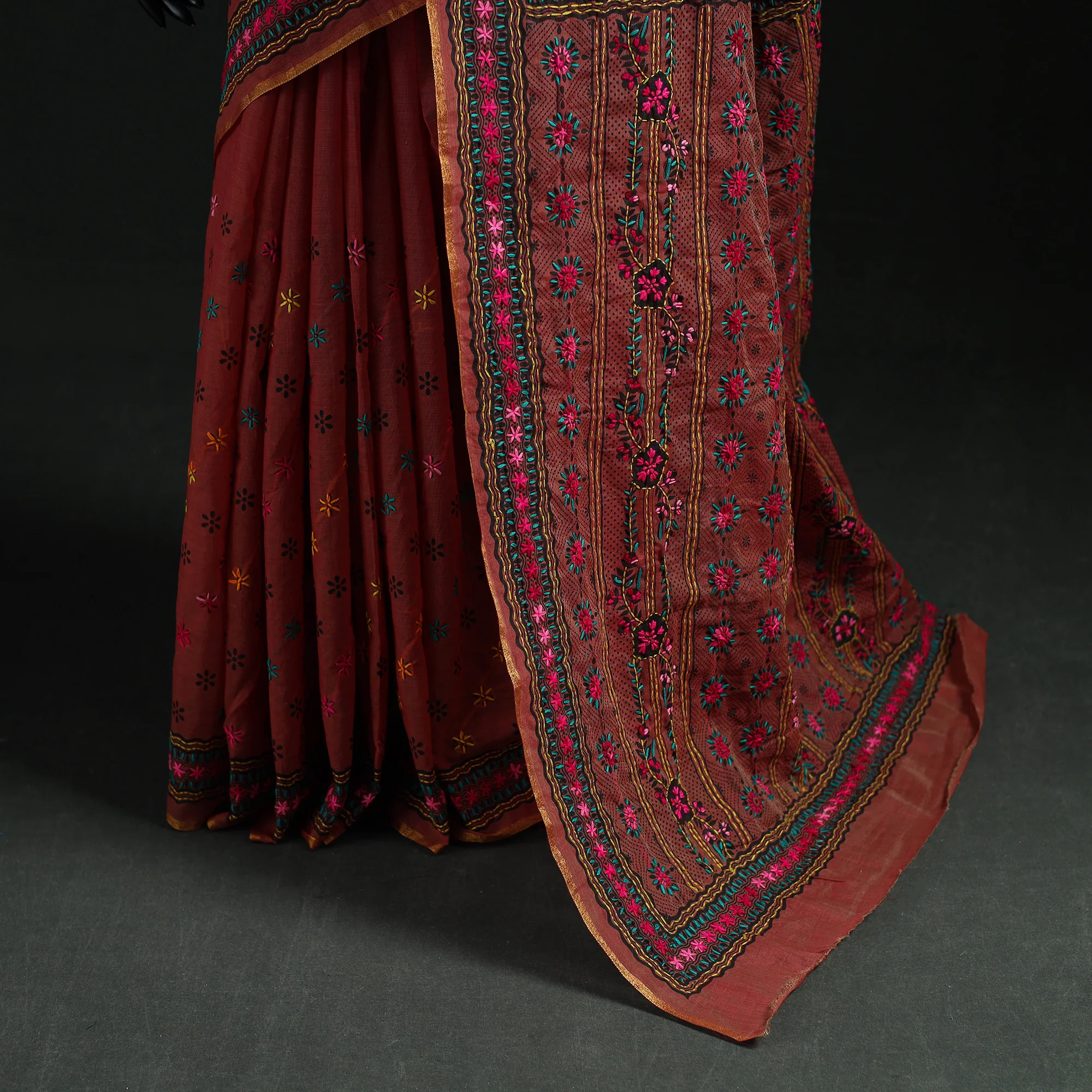 Red - Bengal Kantha Hand Embroidery Silk Cotton Chapa Work Saree 50 - Image 4