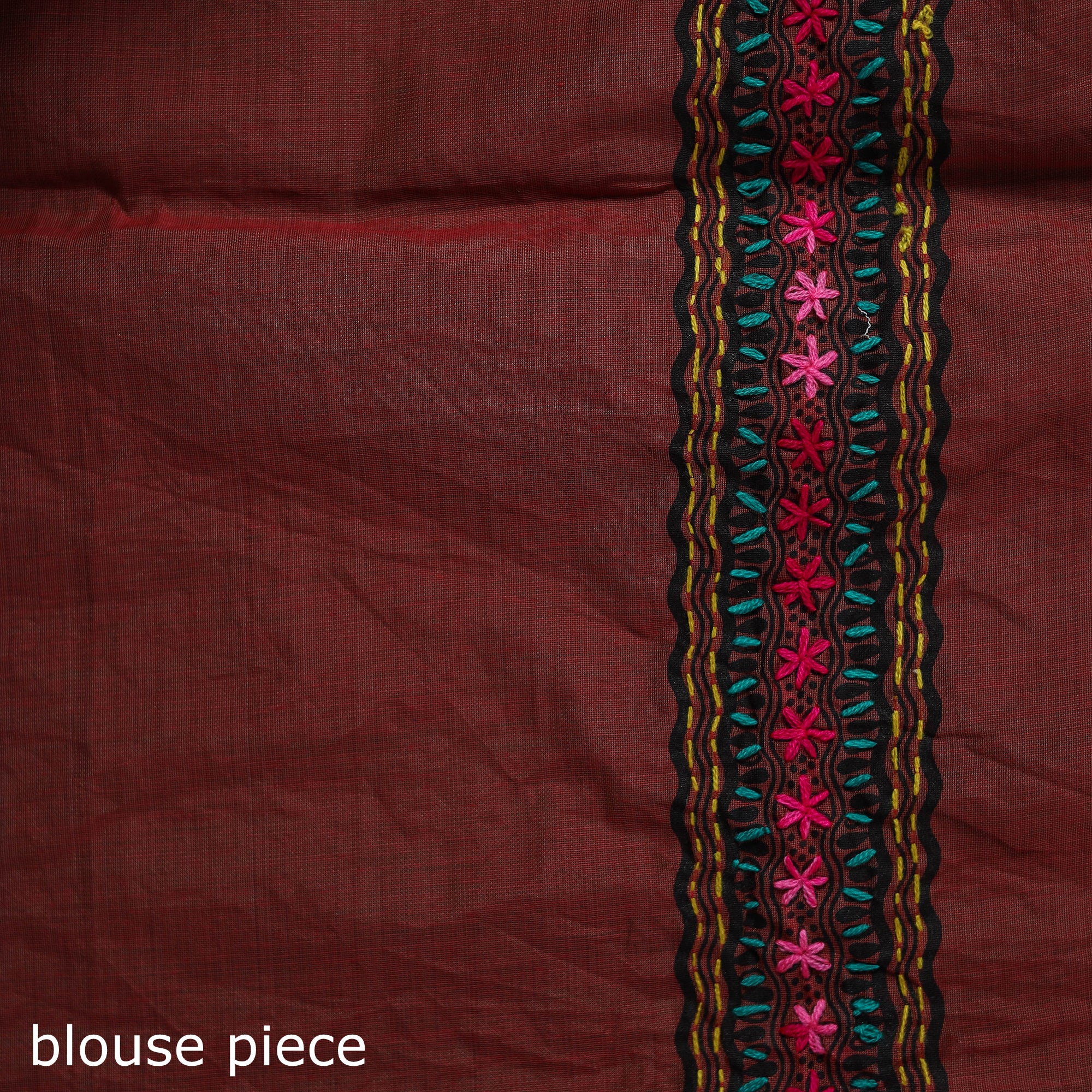 Red - Bengal Kantha Hand Embroidery Silk Cotton Chapa Work Saree 50 - Image 5