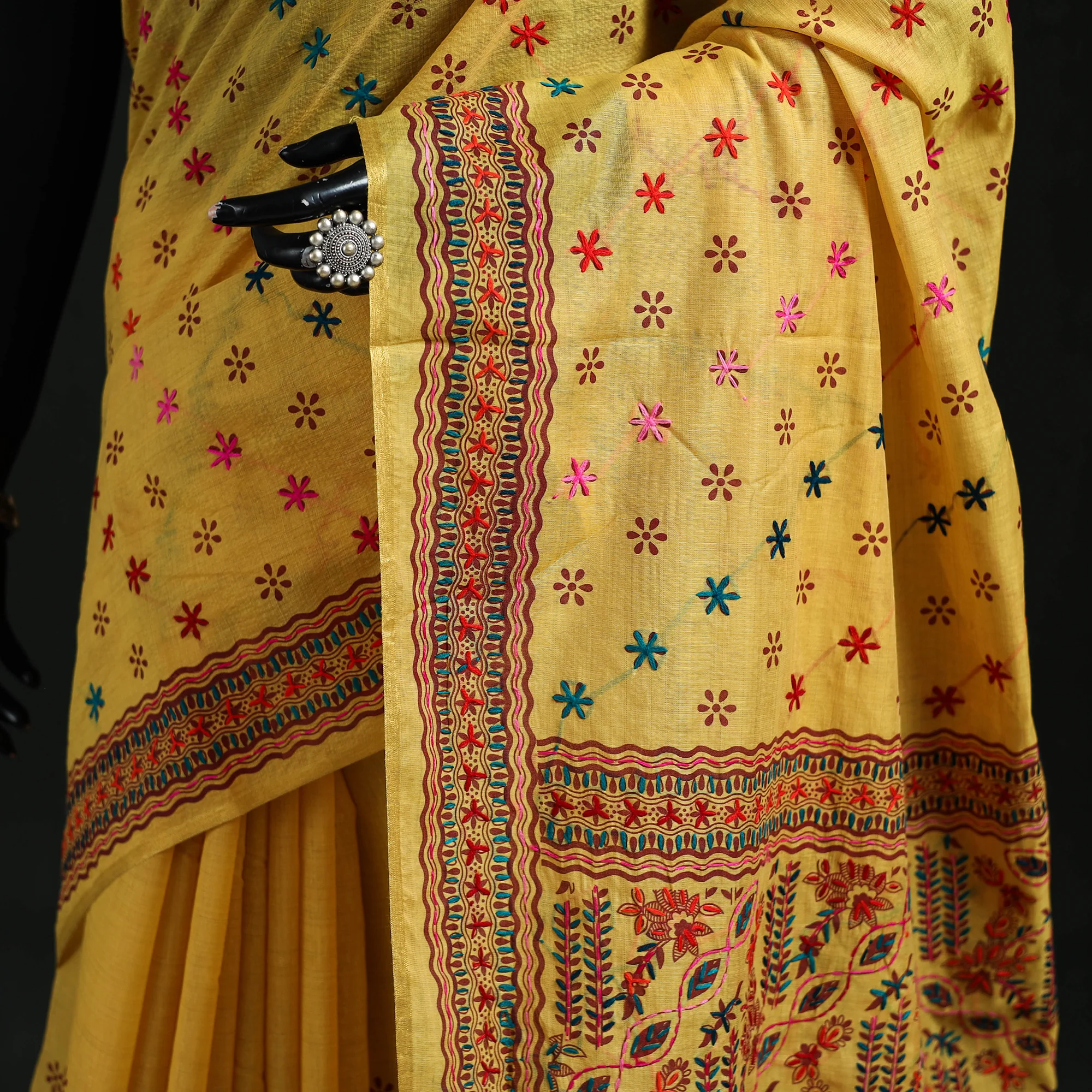 Yellow - Bengal Kantha Hand Embroidery Silk Cotton Chapa Work Saree 52 - Image 3
