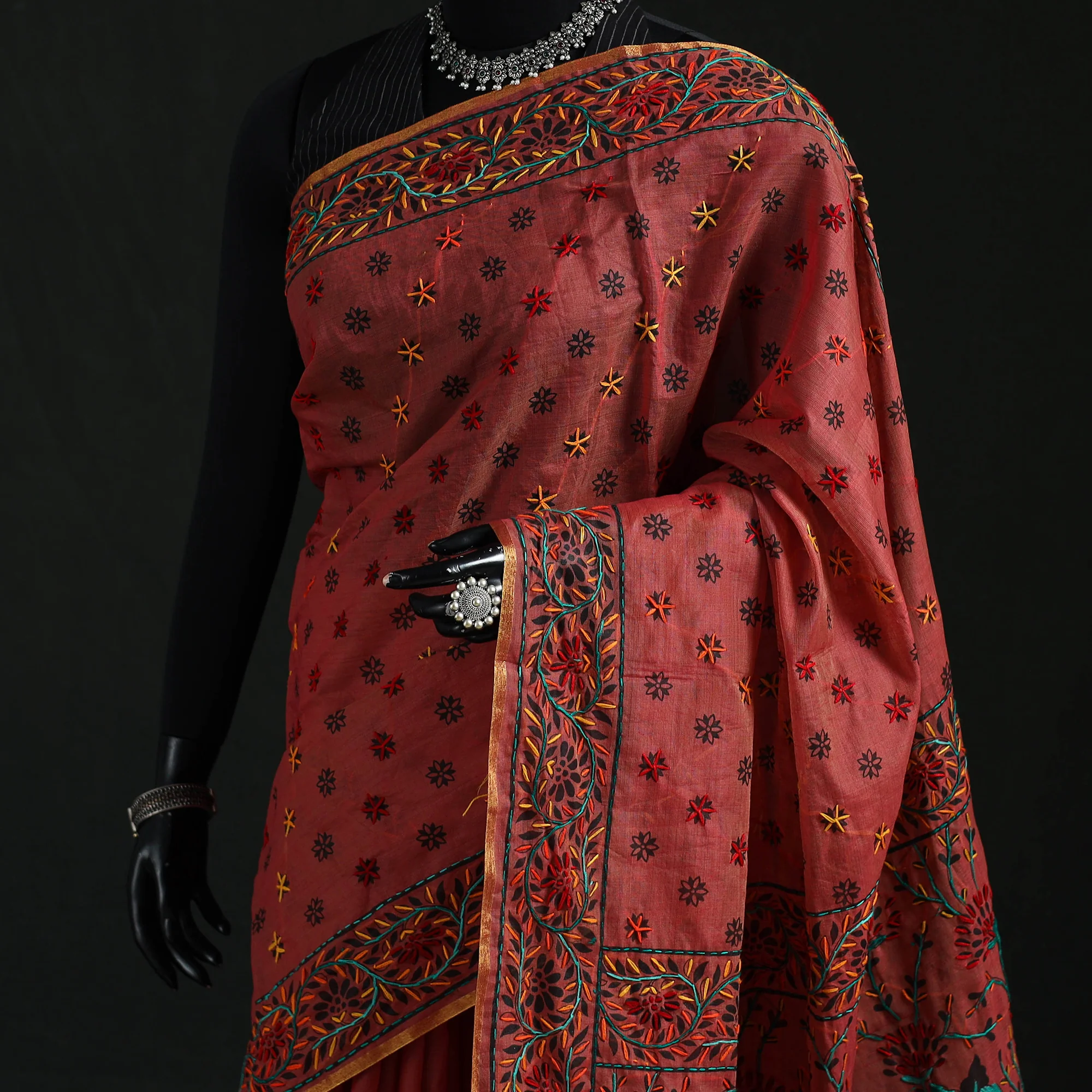 Maroon - Bengal Kantha Hand Embroidery Silk Cotton Chapa Work Saree 53 - Image 2