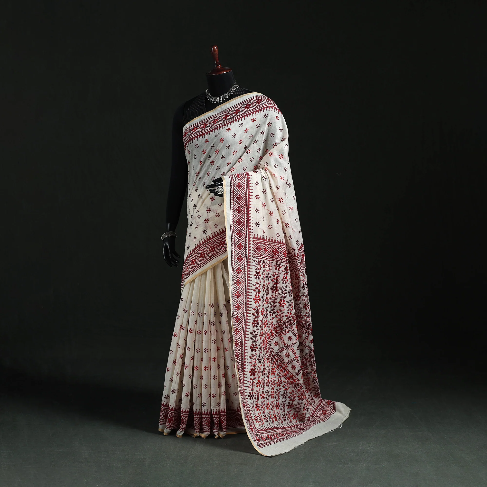 White - Bengal Kantha Hand Embroidery Silk Cotton Chapa Work Saree 54