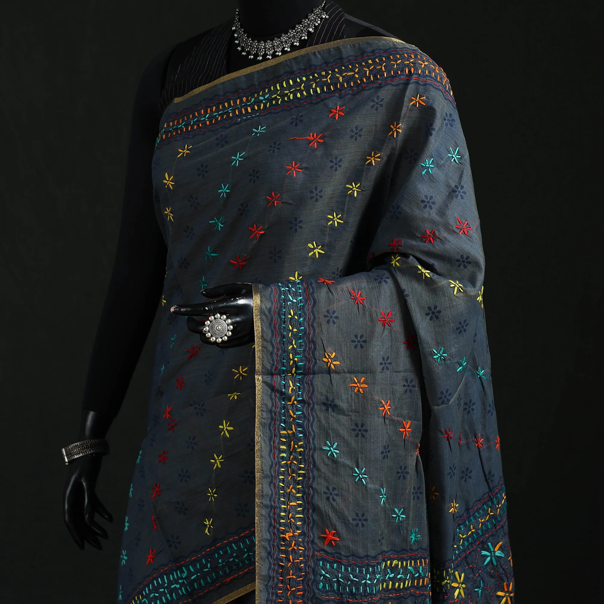 Black - Bengal Kantha Hand Embroidery Silk Cotton Chapa Work Saree 55 - Image 2