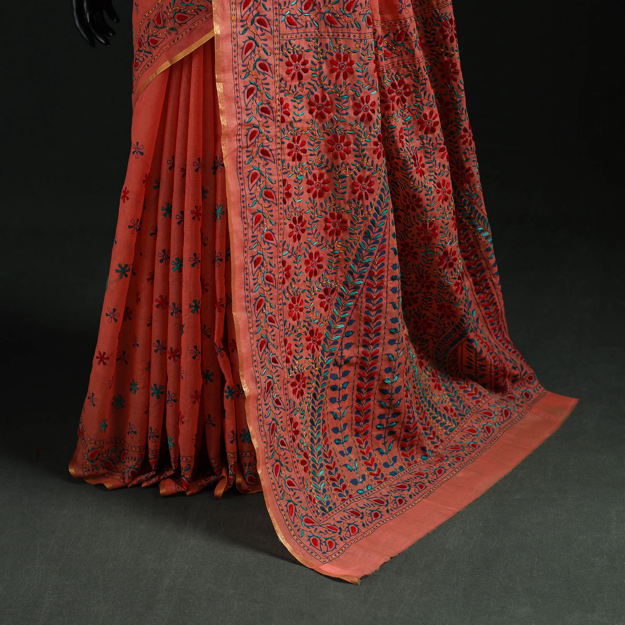 Peach - Bengal Kantha Hand Embroidery Silk Cotton Chapa Work Saree 56 - Image 4