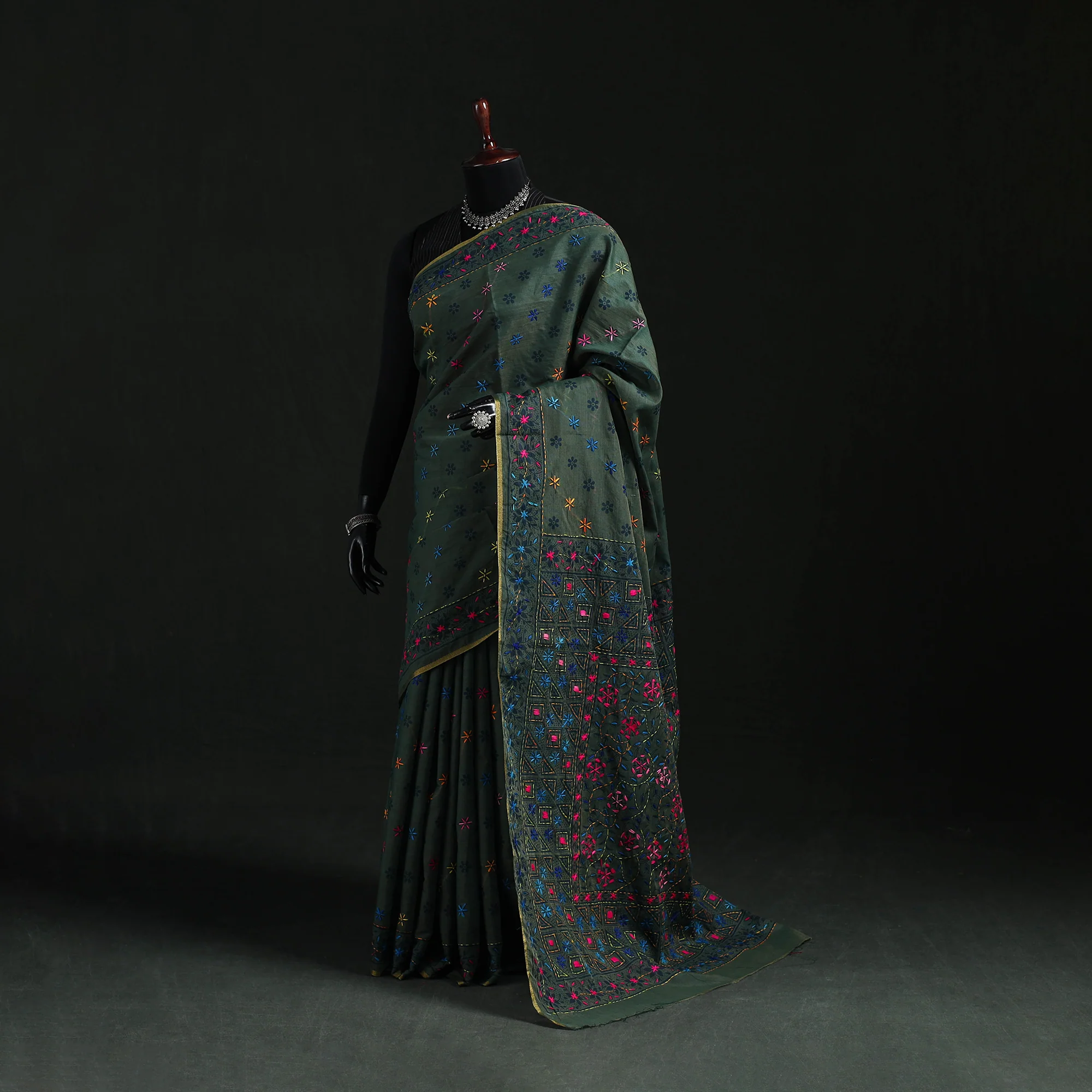Green - Bengal Kantha Hand Embroidery Silk Cotton Chapa Work Saree 57
