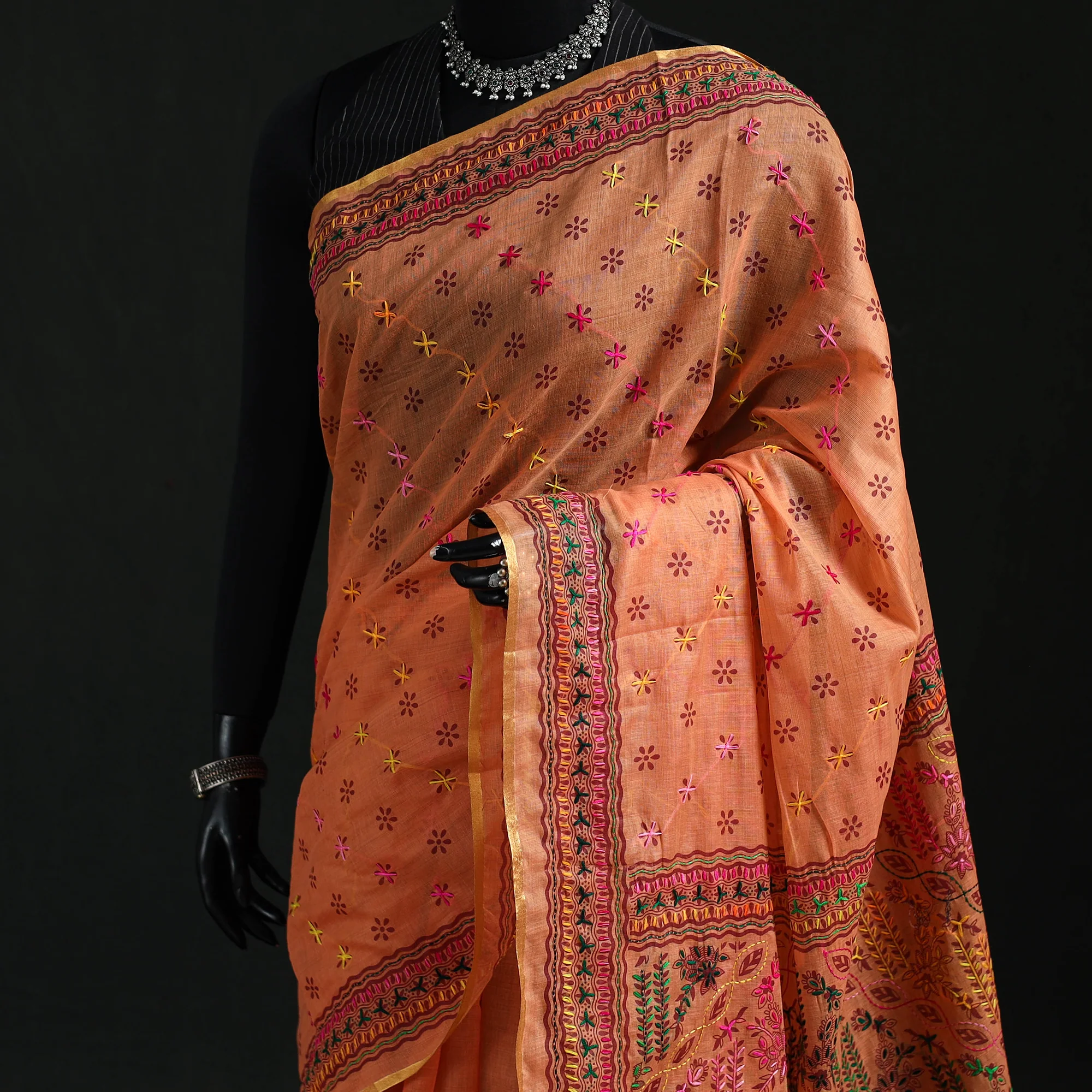 Orange - Bengal Kantha Hand Embroidery Silk Cotton Chapa Work Saree 62 - Image 2