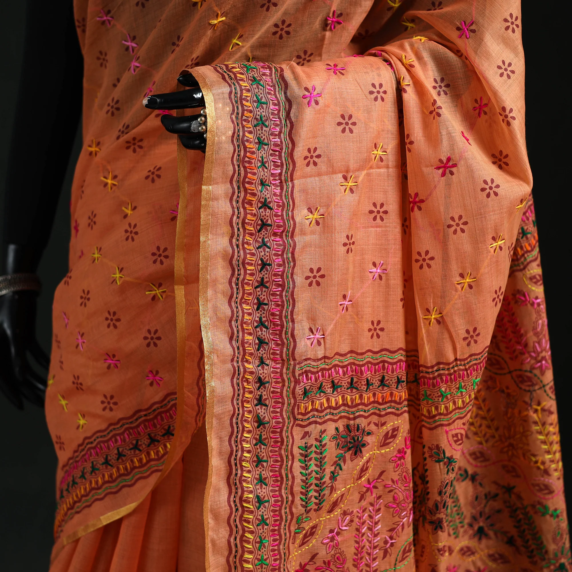 Orange - Bengal Kantha Hand Embroidery Silk Cotton Chapa Work Saree 62 - Image 3