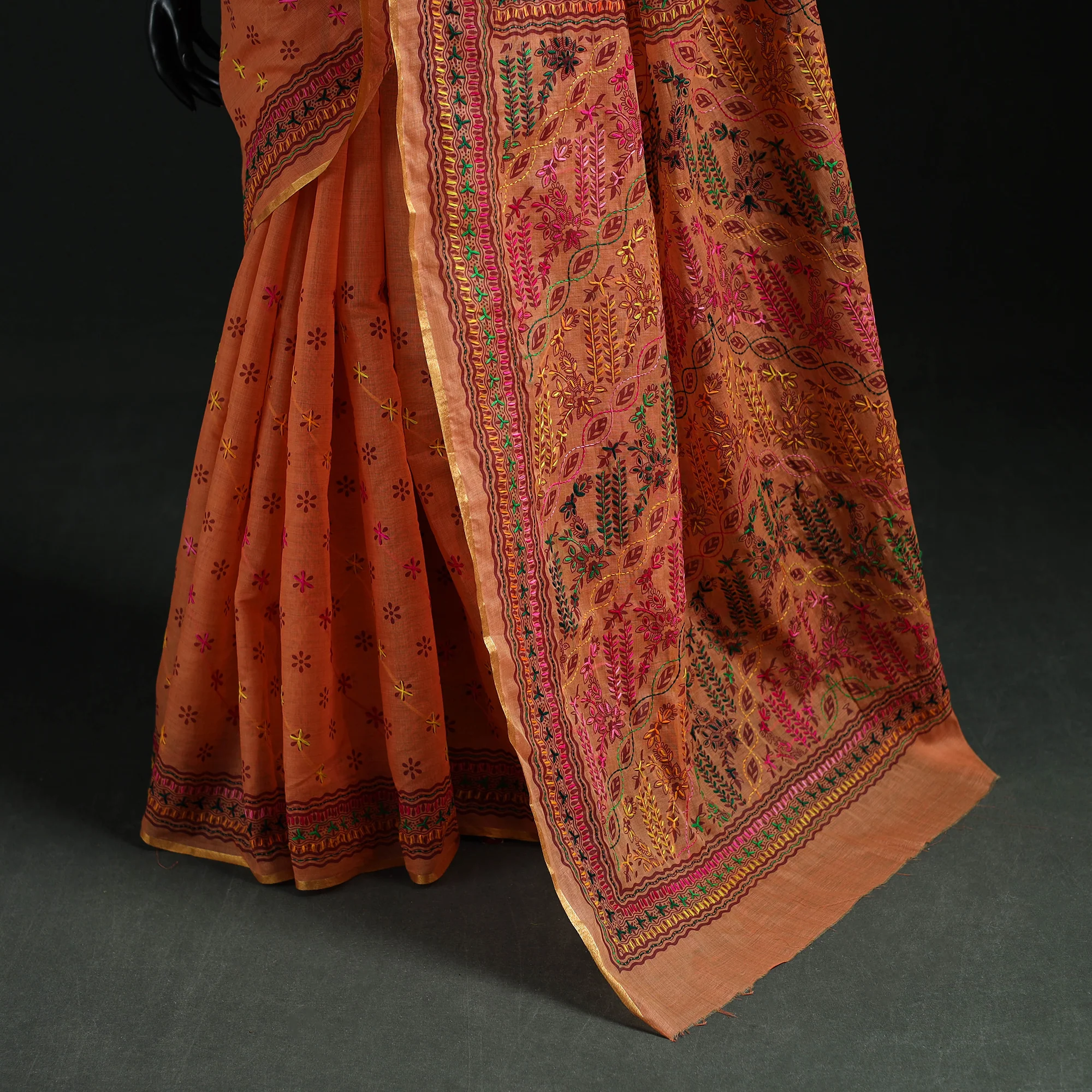 Orange - Bengal Kantha Hand Embroidery Silk Cotton Chapa Work Saree 62 - Image 4