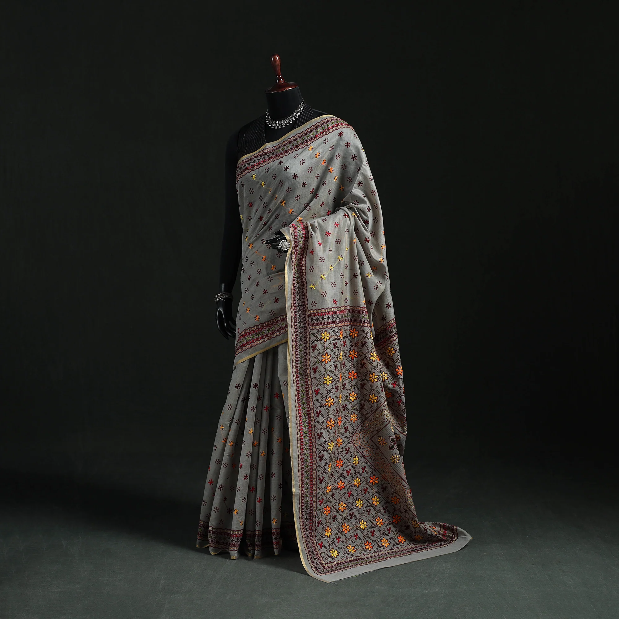 Gray - Bengal Kantha Hand Embroidery Silk Cotton Chapa Work Saree 63
