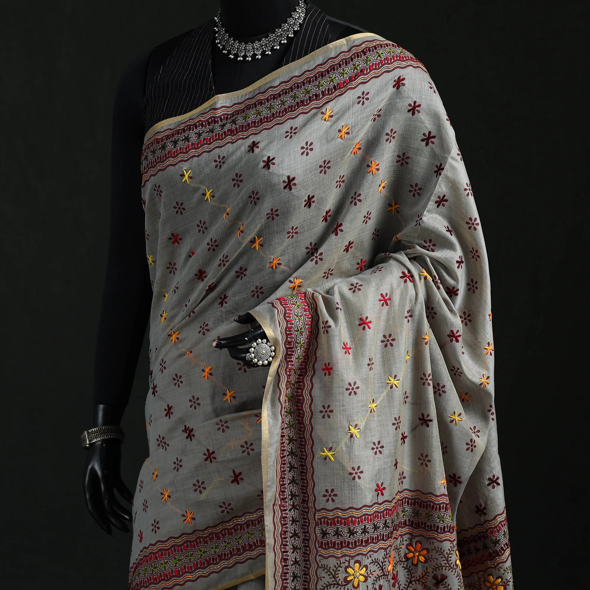 Gray - Bengal Kantha Hand Embroidery Silk Cotton Chapa Work Saree 63 - Image 2