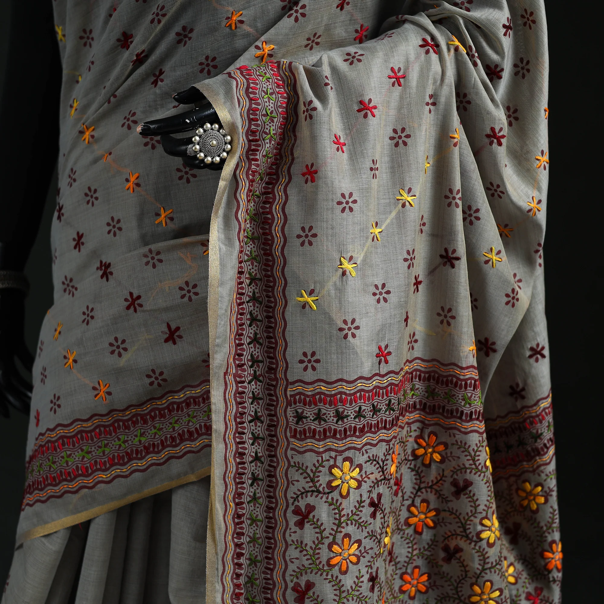 Gray - Bengal Kantha Hand Embroidery Silk Cotton Chapa Work Saree 63 - Image 3