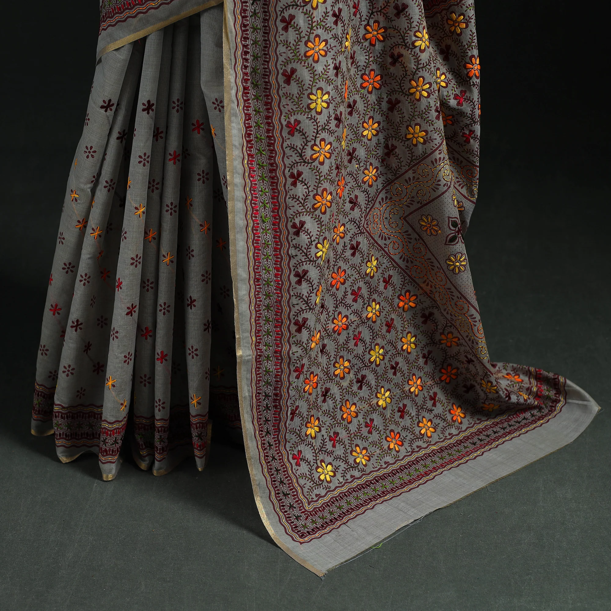 Gray - Bengal Kantha Hand Embroidery Silk Cotton Chapa Work Saree 63 - Image 4