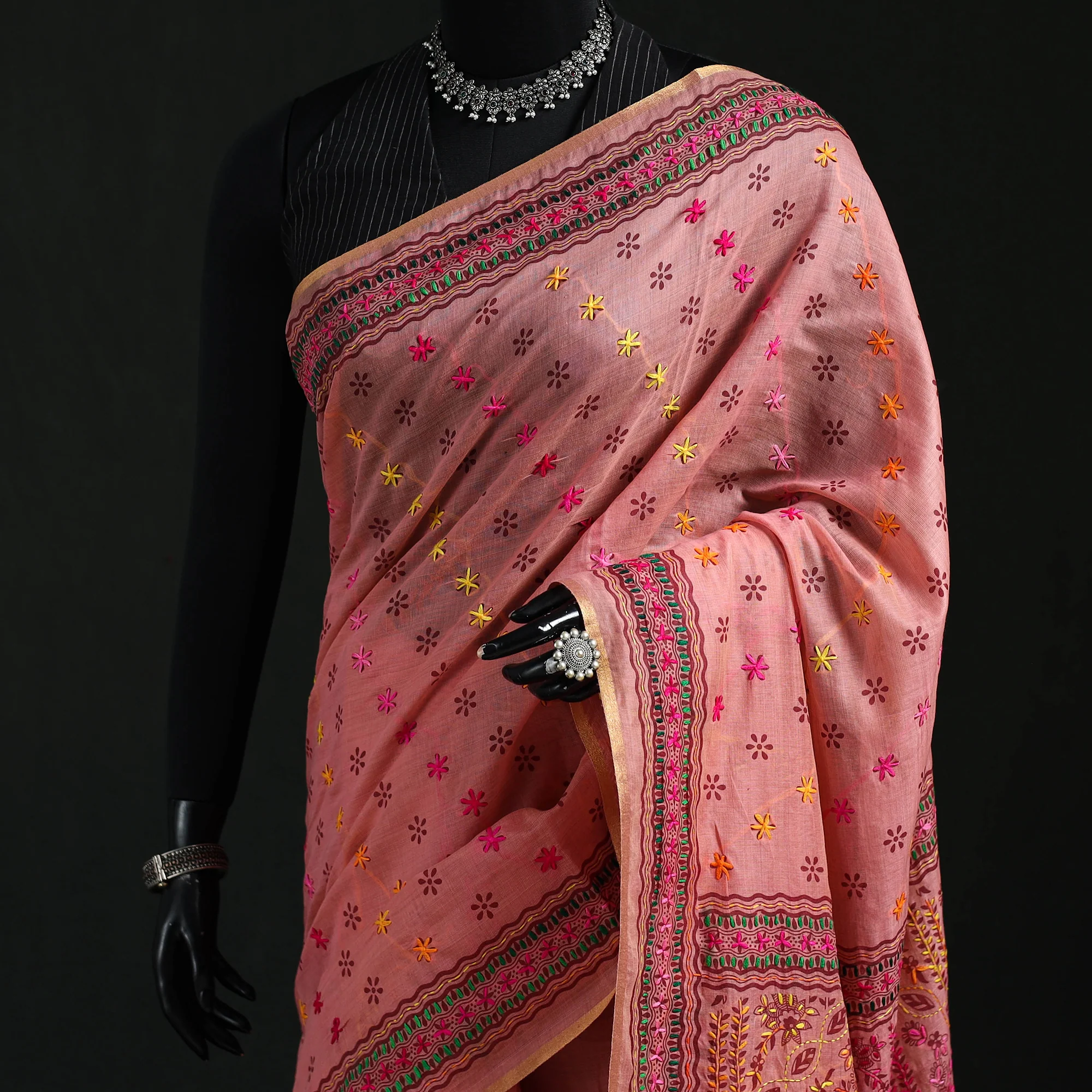 Pink - Bengal Kantha Hand Embroidery Silk Cotton Chapa Work Saree 66 - Image 2
