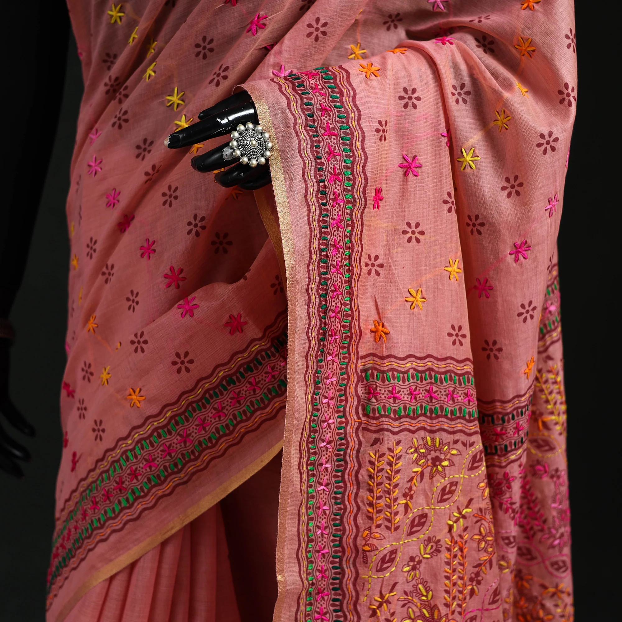 Pink - Bengal Kantha Hand Embroidery Silk Cotton Chapa Work Saree 66 - Image 3