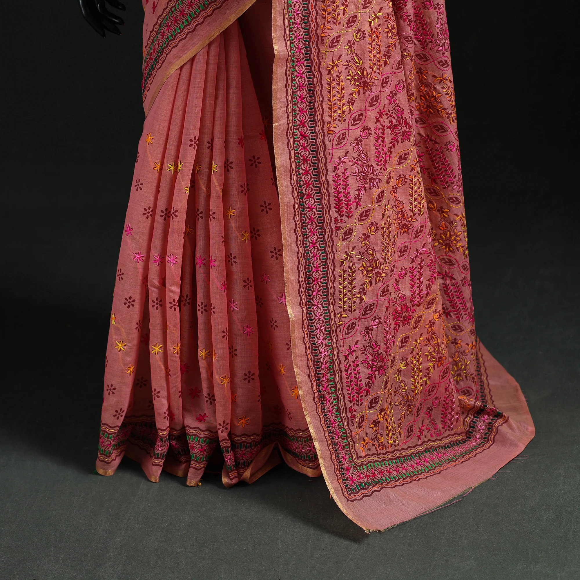 Pink - Bengal Kantha Hand Embroidery Silk Cotton Chapa Work Saree 66 - Image 4