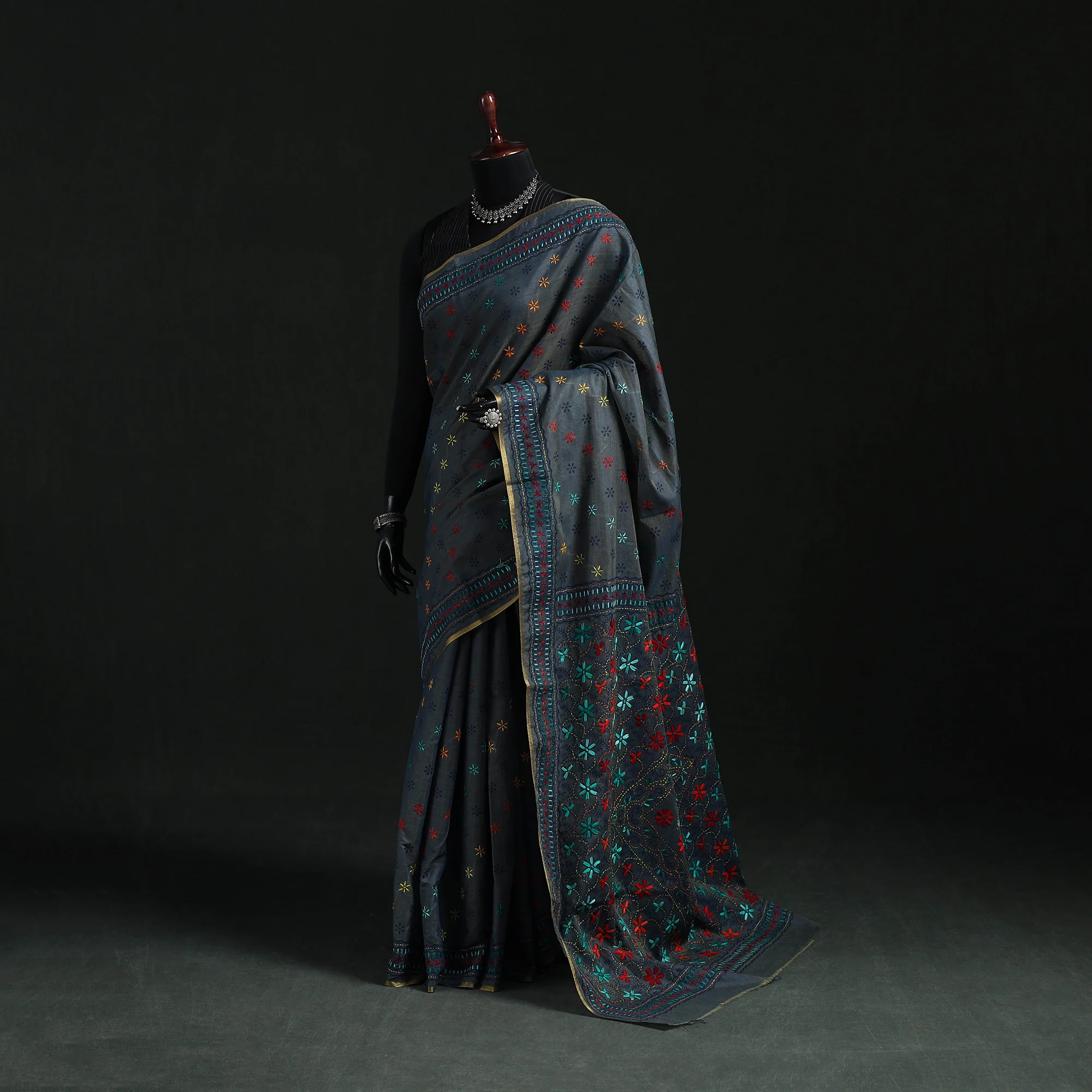 Black - Bengal Kantha Hand Embroidery Silk Cotton Chapa Work Saree 67