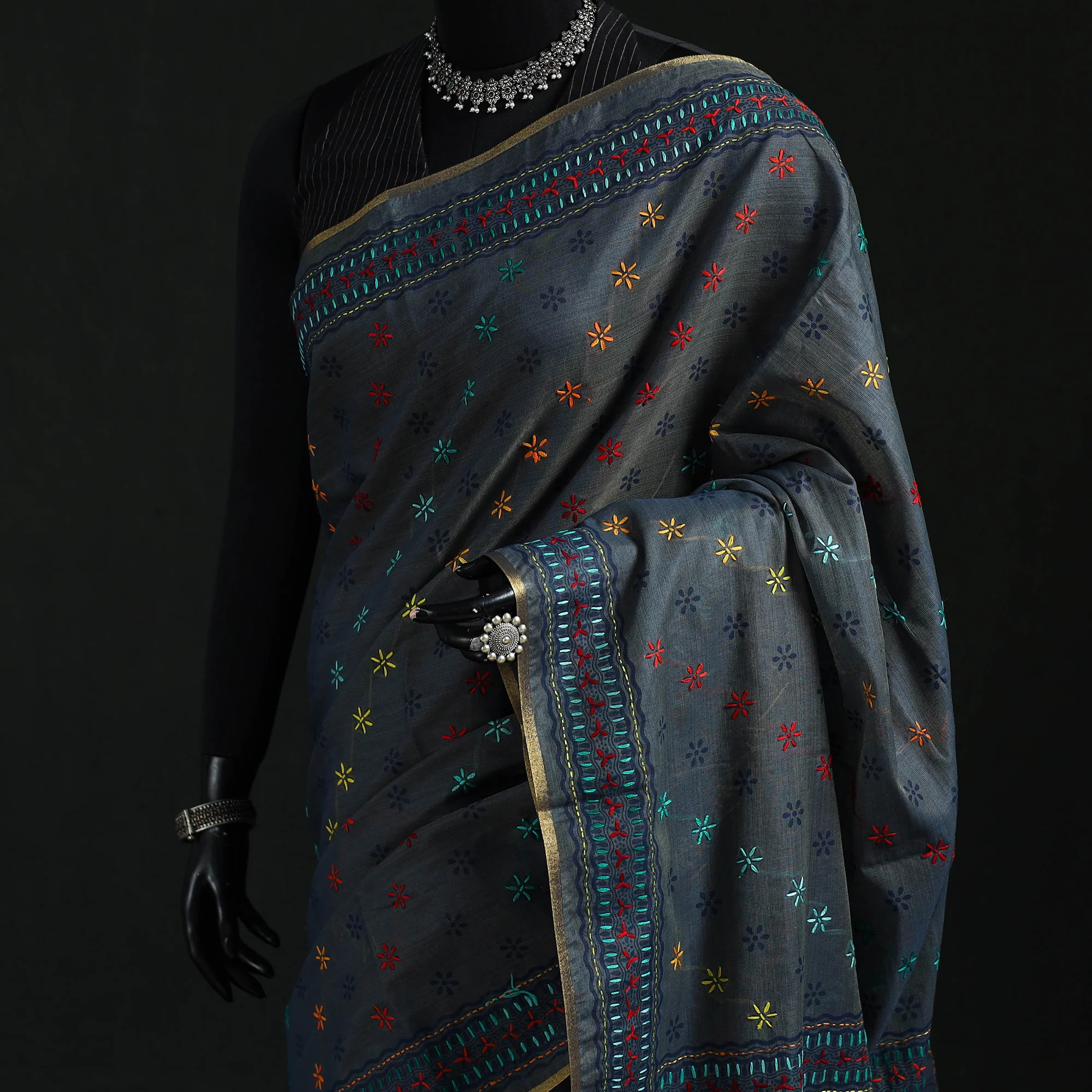 Black - Bengal Kantha Hand Embroidery Silk Cotton Chapa Work Saree 67 - Image 2