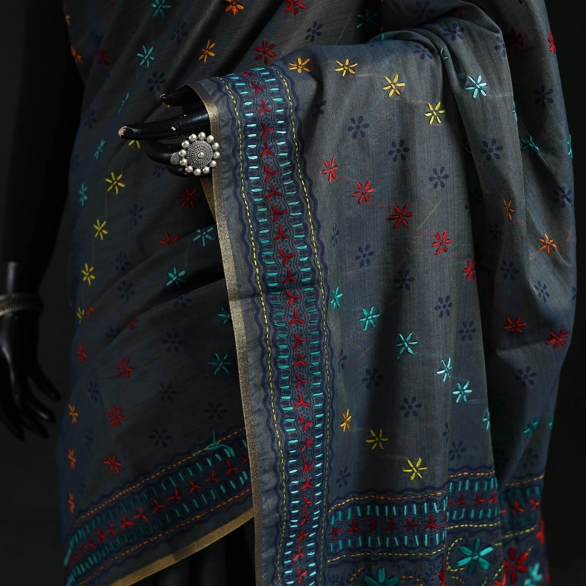 Black - Bengal Kantha Hand Embroidery Silk Cotton Chapa Work Saree 67 - Image 3