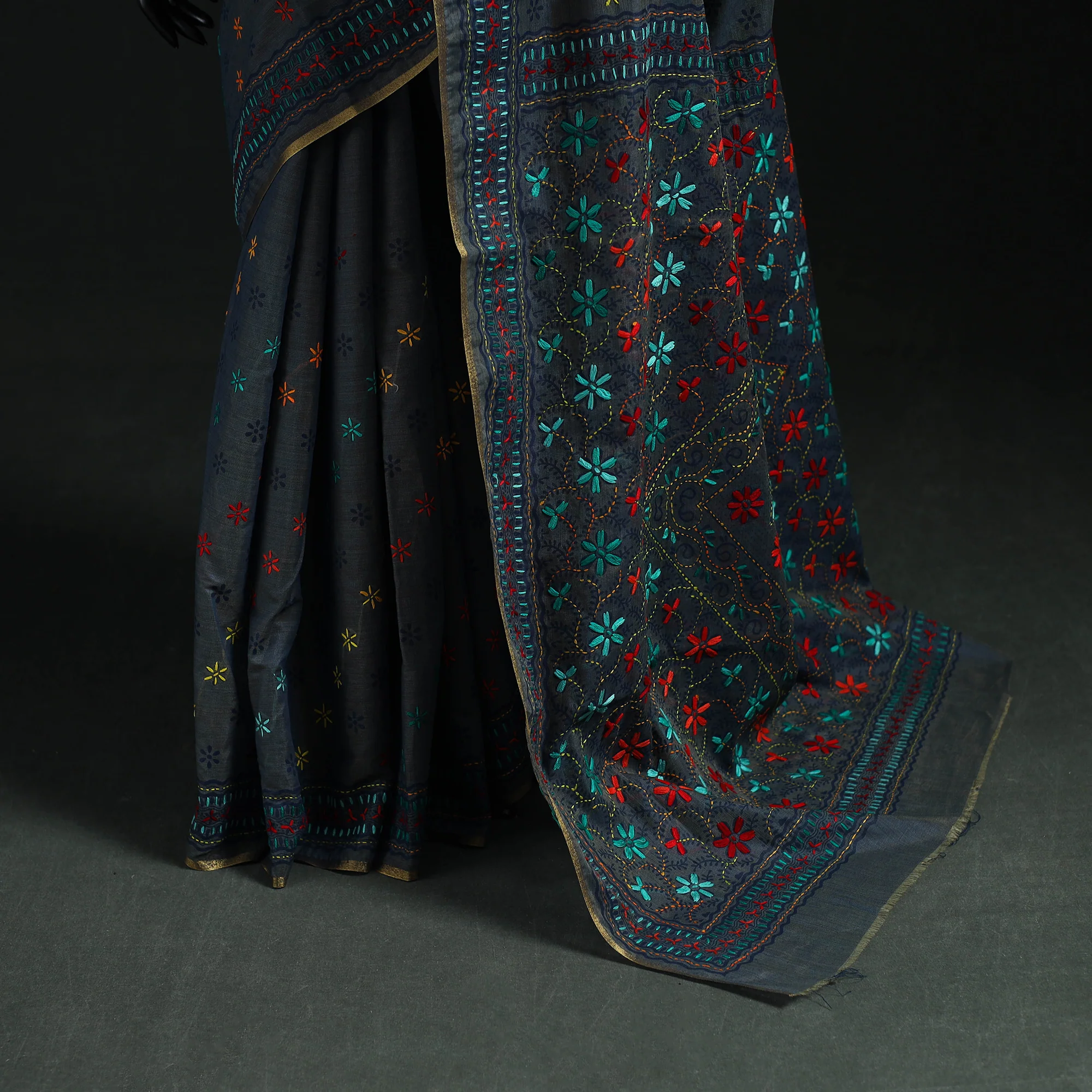 Black - Bengal Kantha Hand Embroidery Silk Cotton Chapa Work Saree 67 - Image 4