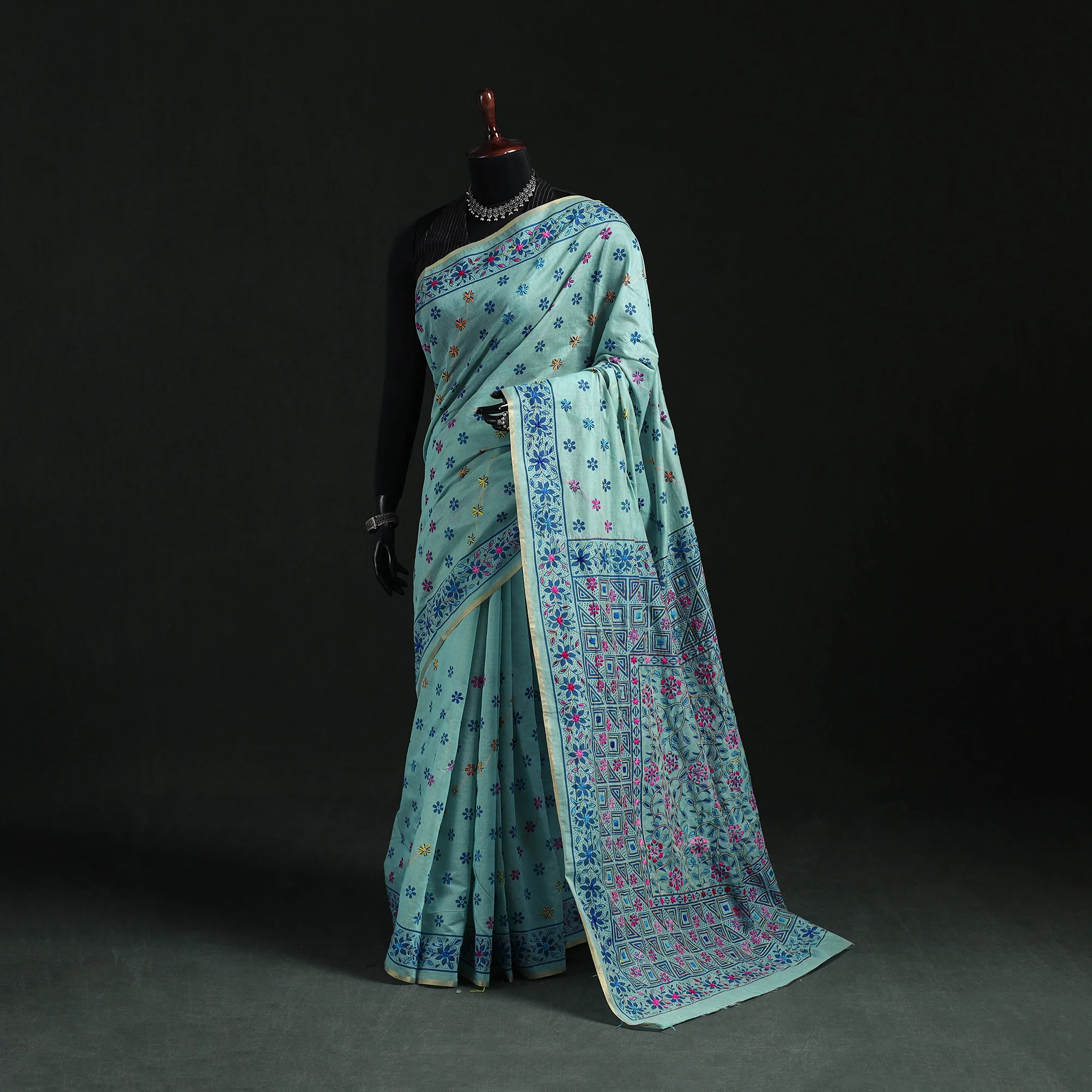 Blue - Bengal Kantha Hand Embroidery Silk Cotton Chapa Work Saree 68
