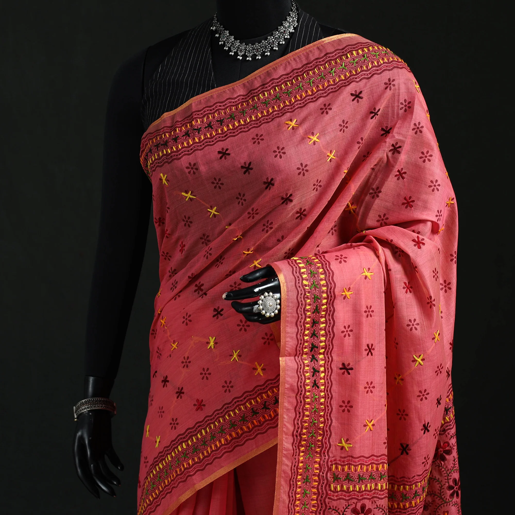 Pink - Bengal Kantha Hand Embroidery Silk Cotton Chapa Work Saree 70 - Image 2