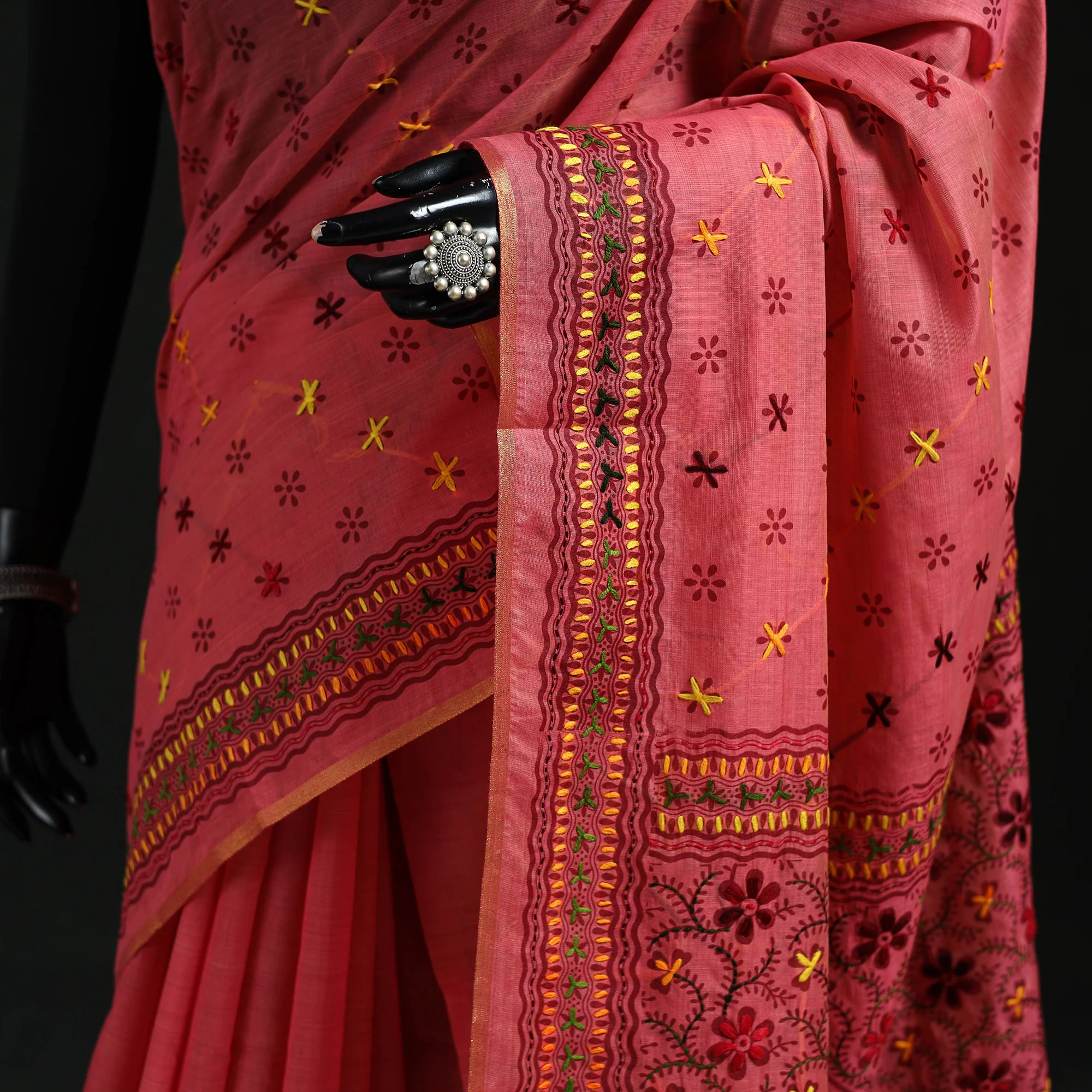 Pink - Bengal Kantha Hand Embroidery Silk Cotton Chapa Work Saree 70 - Image 3