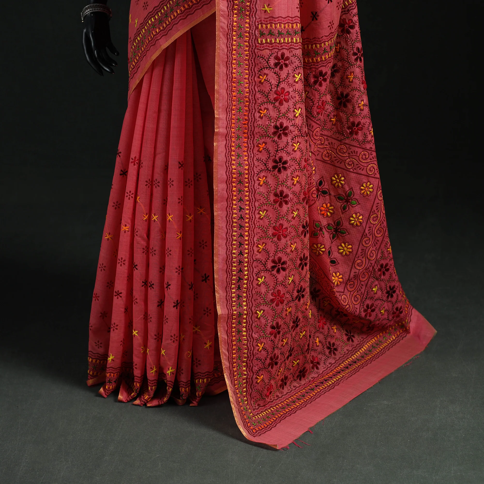 Pink - Bengal Kantha Hand Embroidery Silk Cotton Chapa Work Saree 70 - Image 4