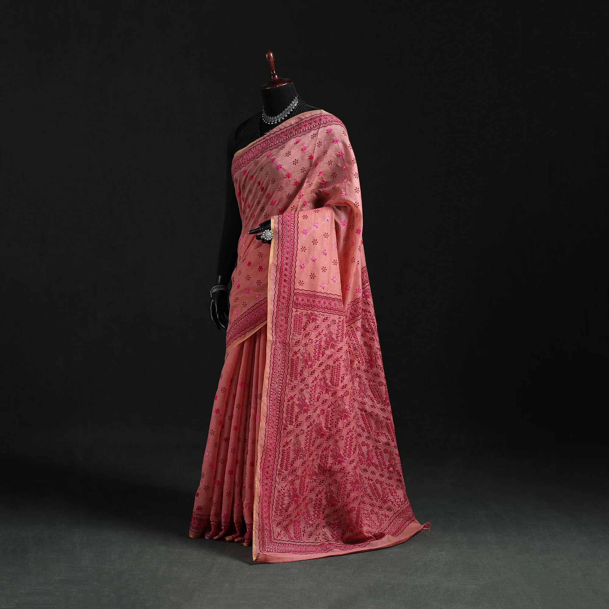 Pink - Bengal Kantha Hand Embroidery Silk Cotton Chapa Work Saree 72