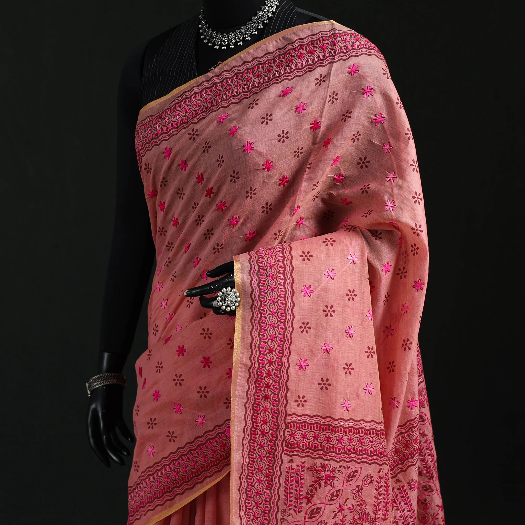 Pink - Bengal Kantha Hand Embroidery Silk Cotton Chapa Work Saree 72 - Image 2
