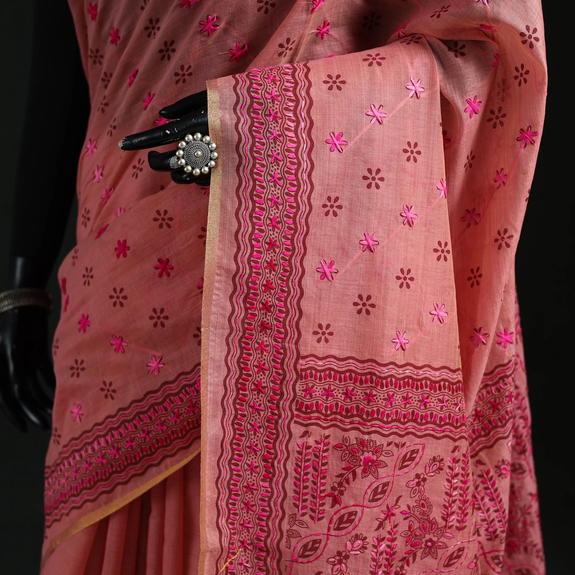 Pink - Bengal Kantha Hand Embroidery Silk Cotton Chapa Work Saree 72 - Image 3