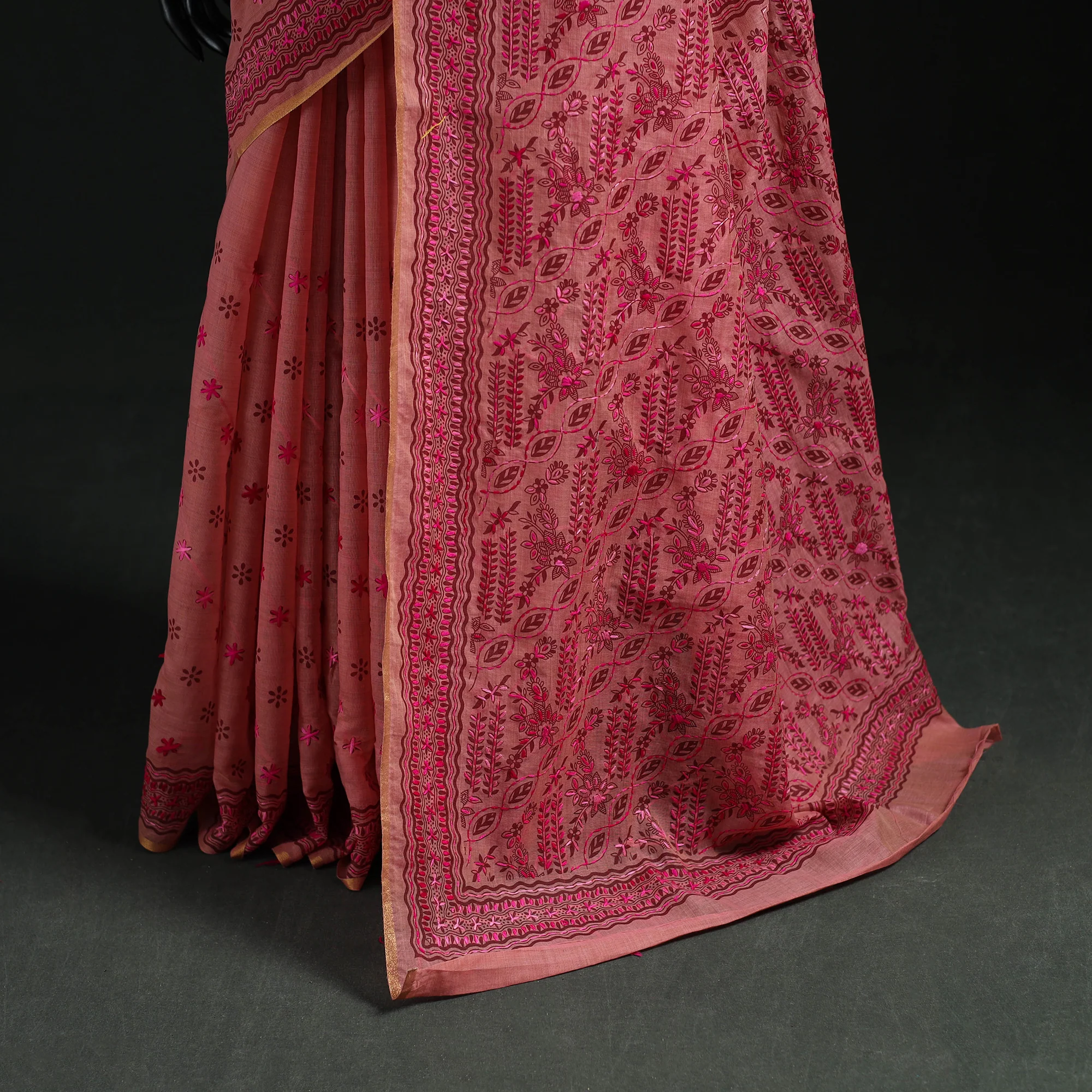 Pink - Bengal Kantha Hand Embroidery Silk Cotton Chapa Work Saree 72 - Image 4