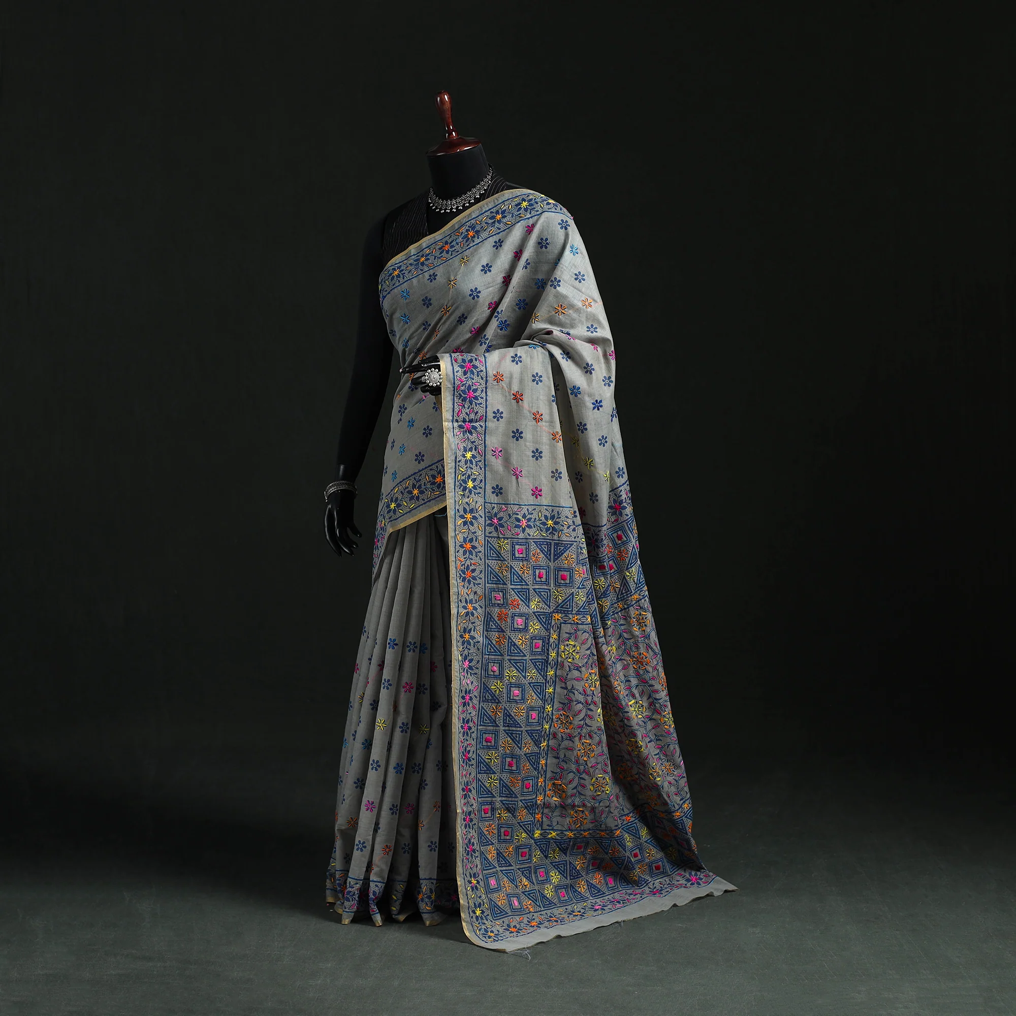 Gray - Bengal Kantha Hand Embroidery Silk Cotton Chapa Work Saree 75