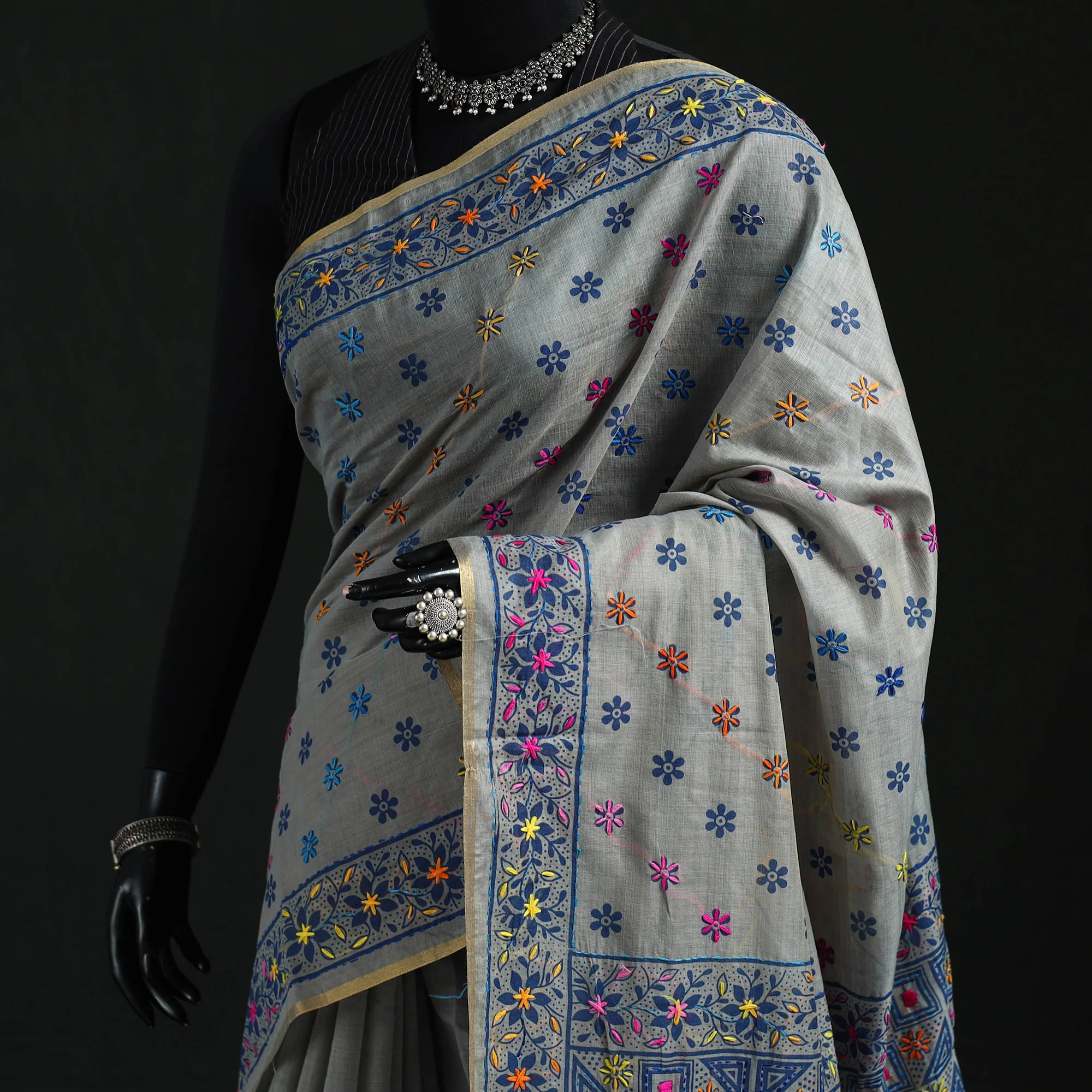 Gray - Bengal Kantha Hand Embroidery Silk Cotton Chapa Work Saree 75 - Image 2