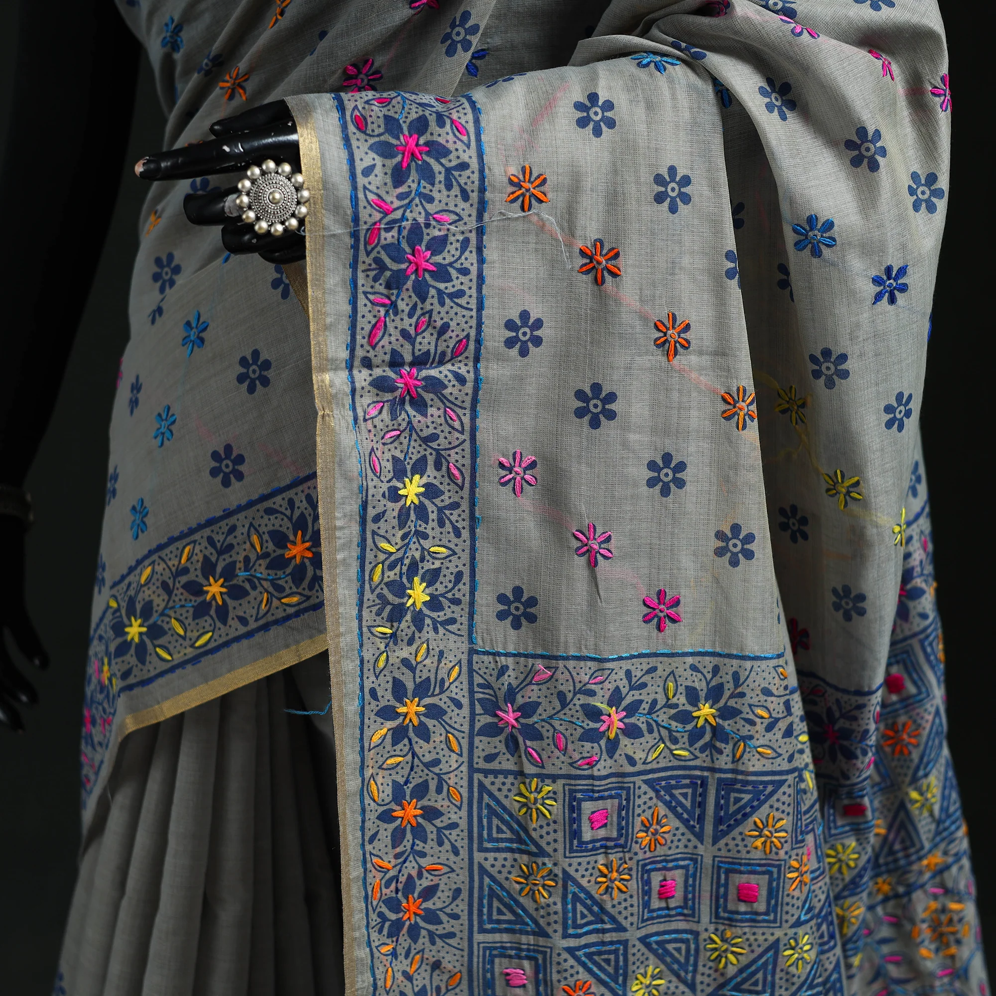 Gray - Bengal Kantha Hand Embroidery Silk Cotton Chapa Work Saree 75 - Image 3