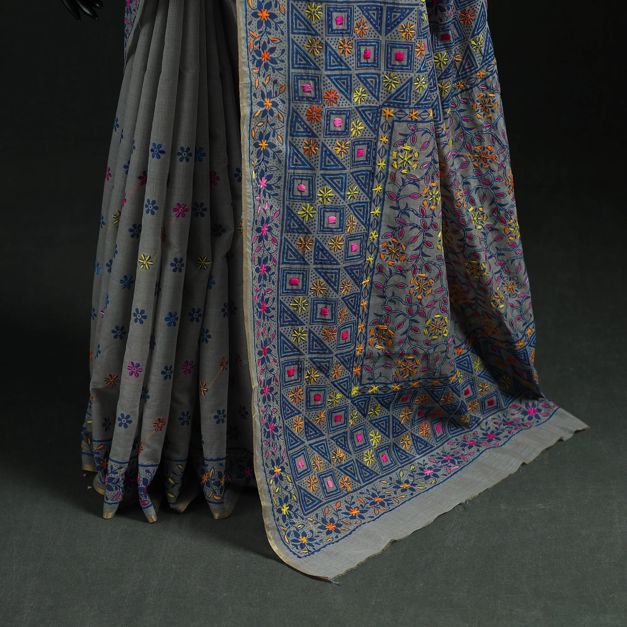 Gray - Bengal Kantha Hand Embroidery Silk Cotton Chapa Work Saree 75 - Image 4